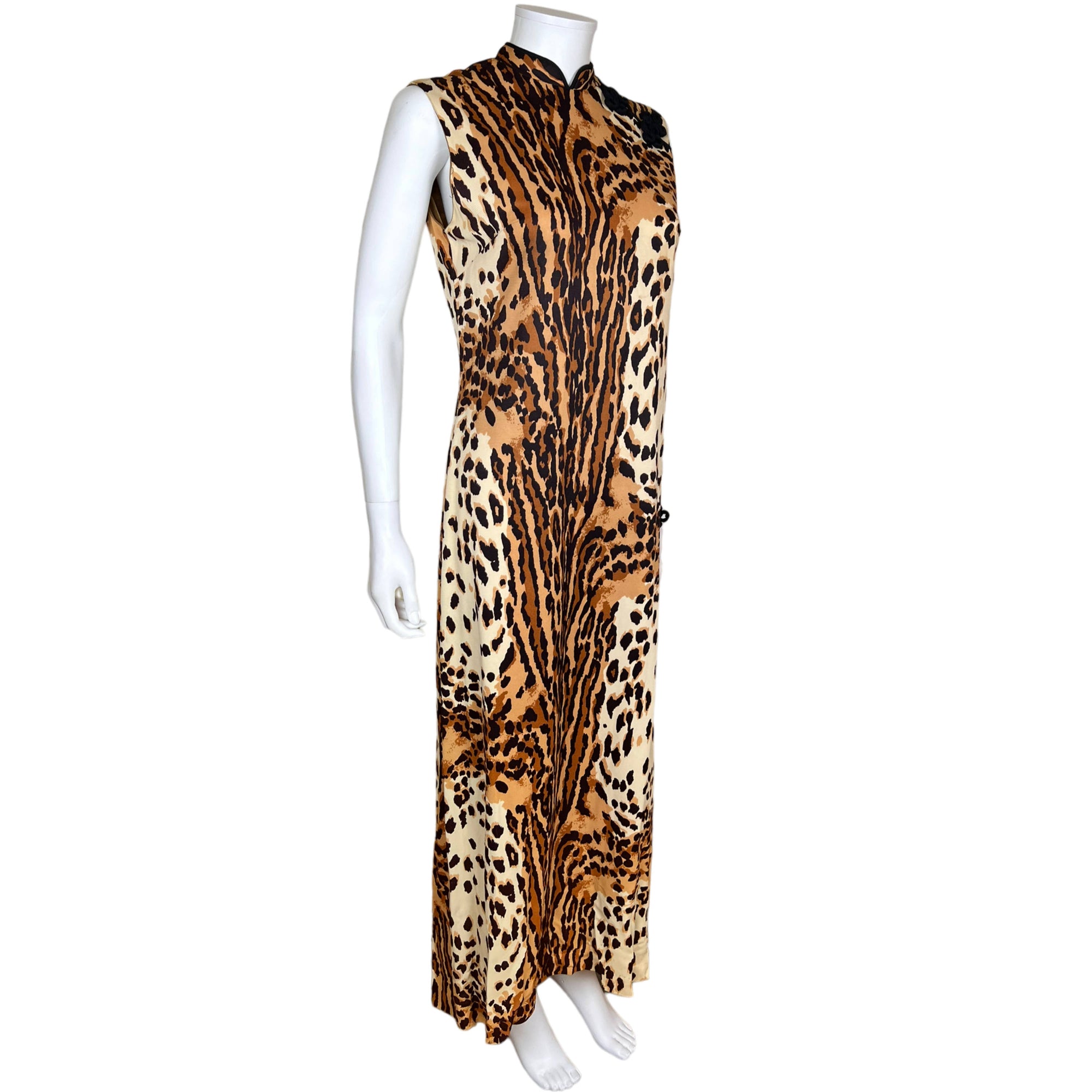 Vintage 1960s Leopard Print Dress Cheongsam Style Size M