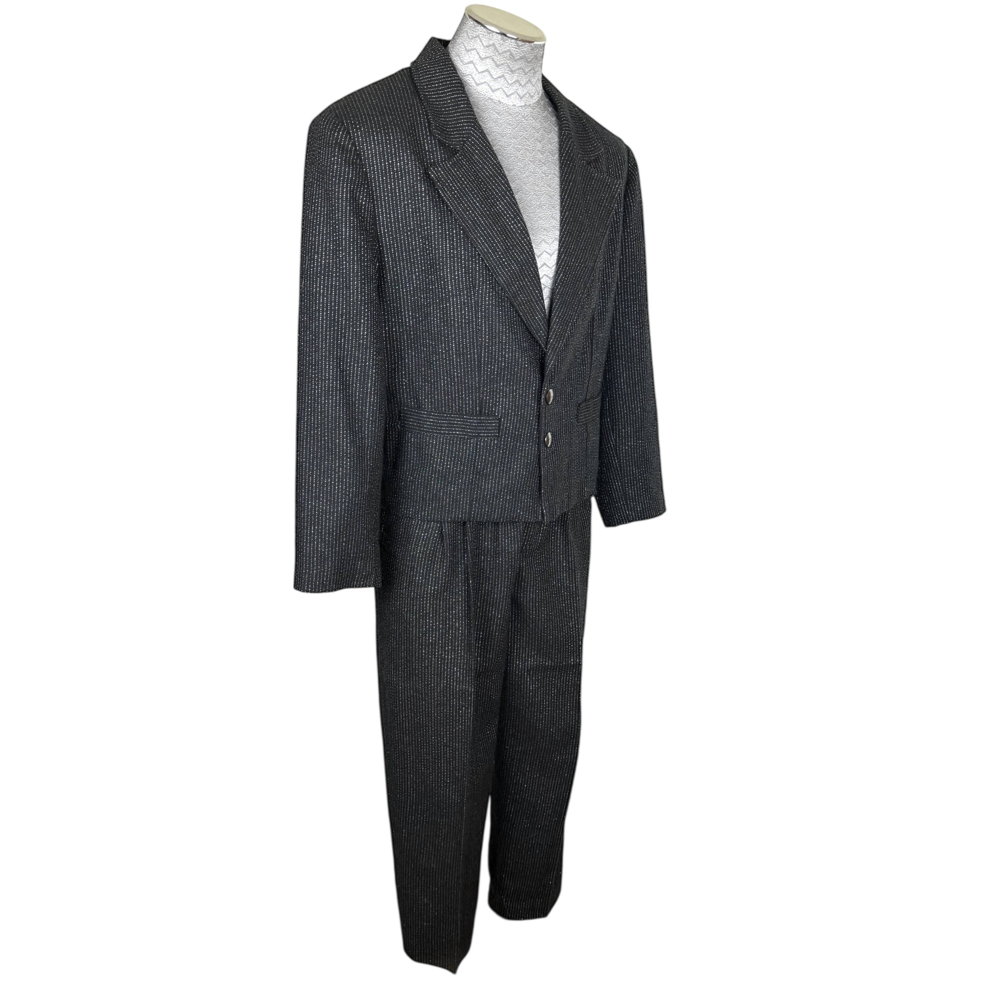 Vintage 1980s New Wave Suit Silver Striped Black Wool Size S 30” Waist
