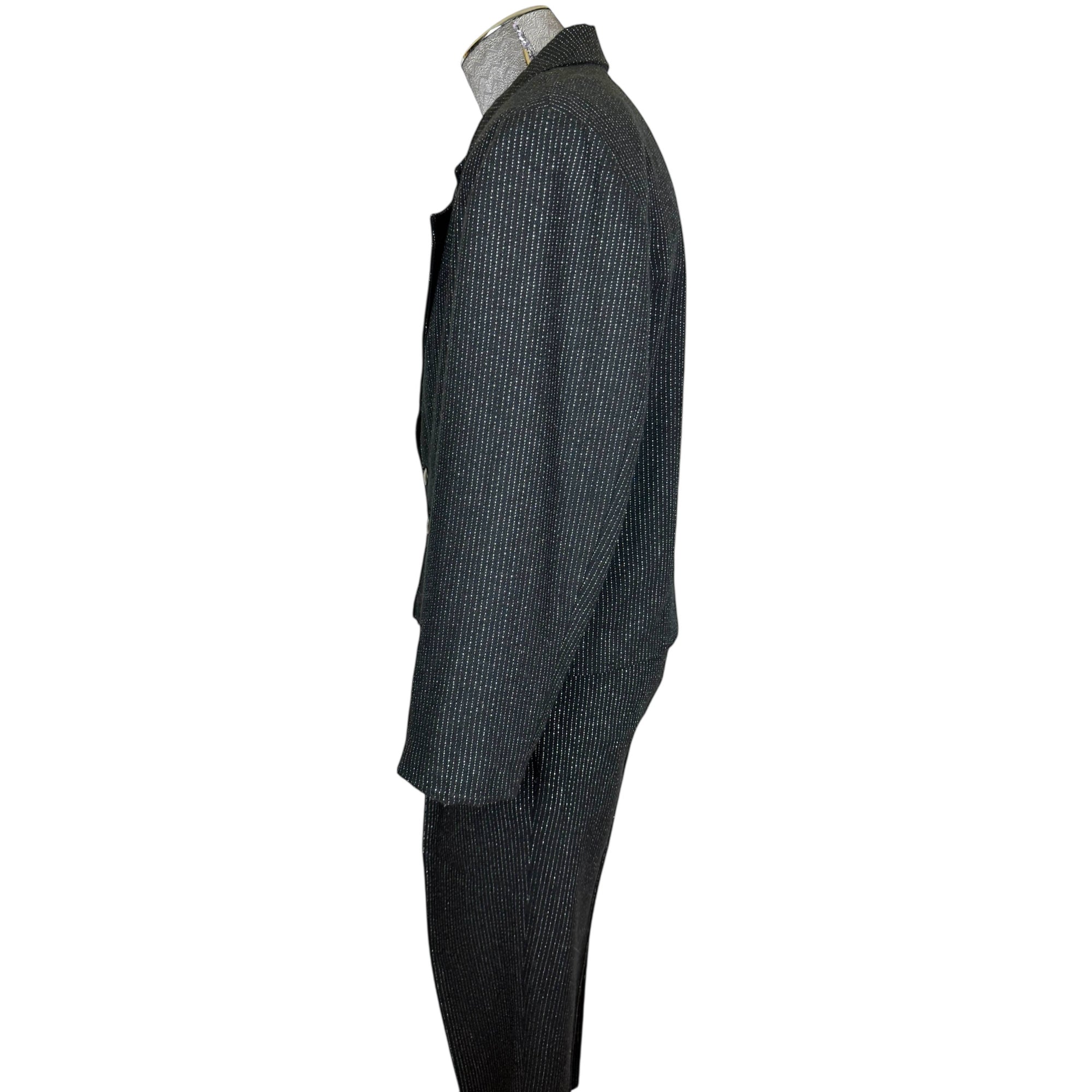 Vintage 1980s New Wave Suit Silver Striped Black Wool Size S 30” Waist