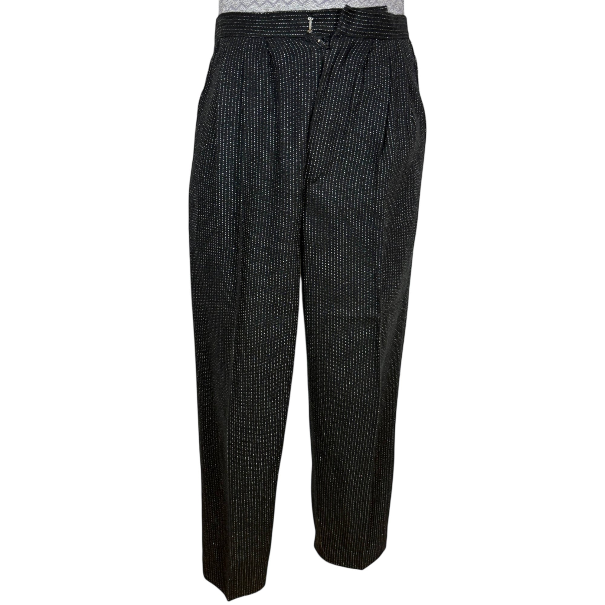 Vintage 1980s New Wave Suit Silver Striped Black Wool Size S 30” Waist