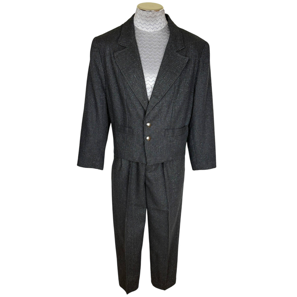 Vintage 1980s New Wave Suit Silver Striped Black Wool Size S 30” Waist