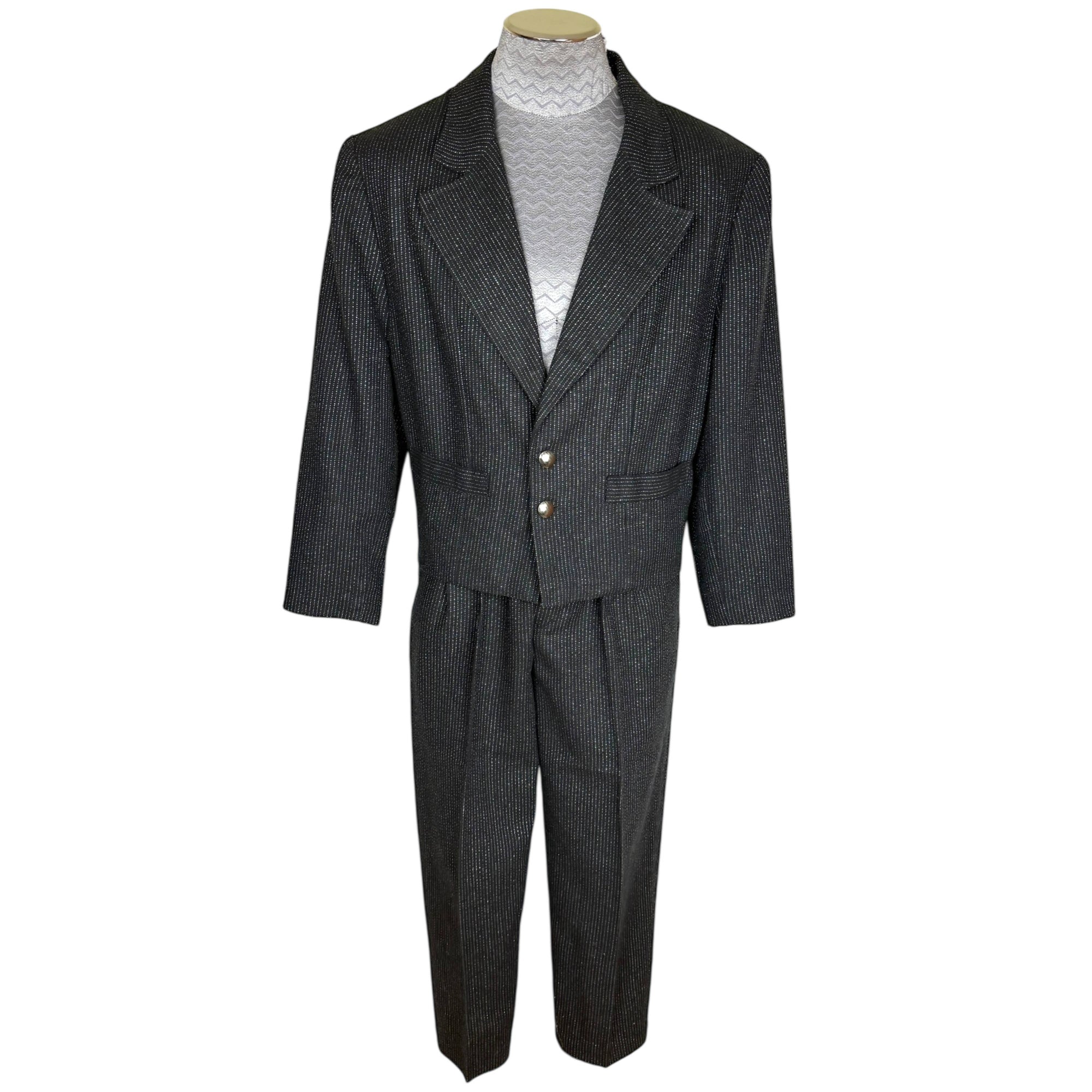 Vintage 1980s New Wave Suit Silver Striped Black Wool Size S 30” Waist