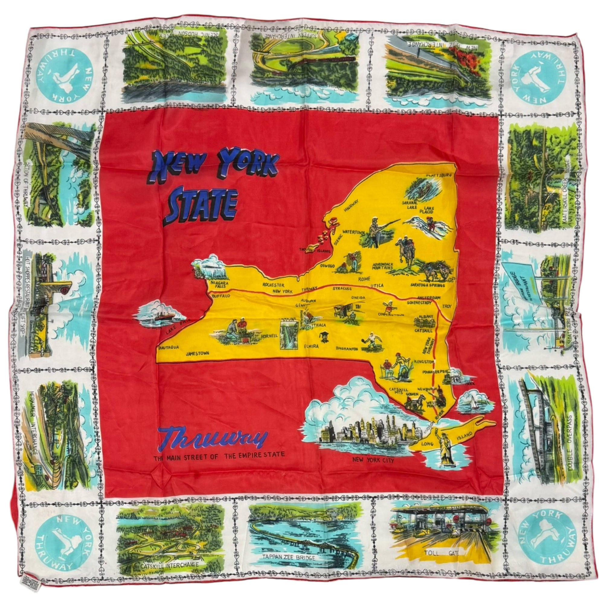 Vintage 1950s New York Thruway Souvenir Scarf Map Square 29 x 28.5 Americana
