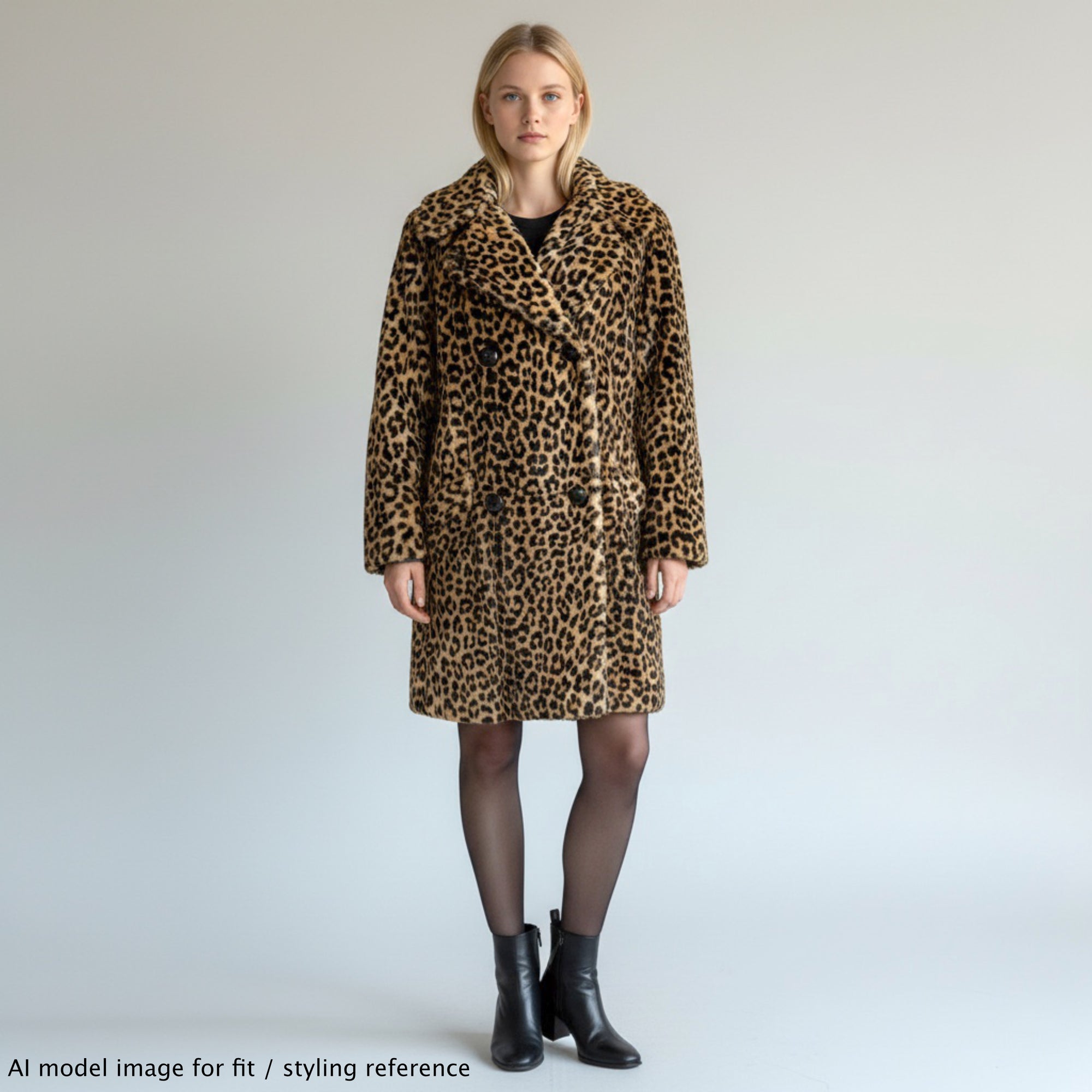 AI model wearing 1960s leopard print coat by Niccolini 