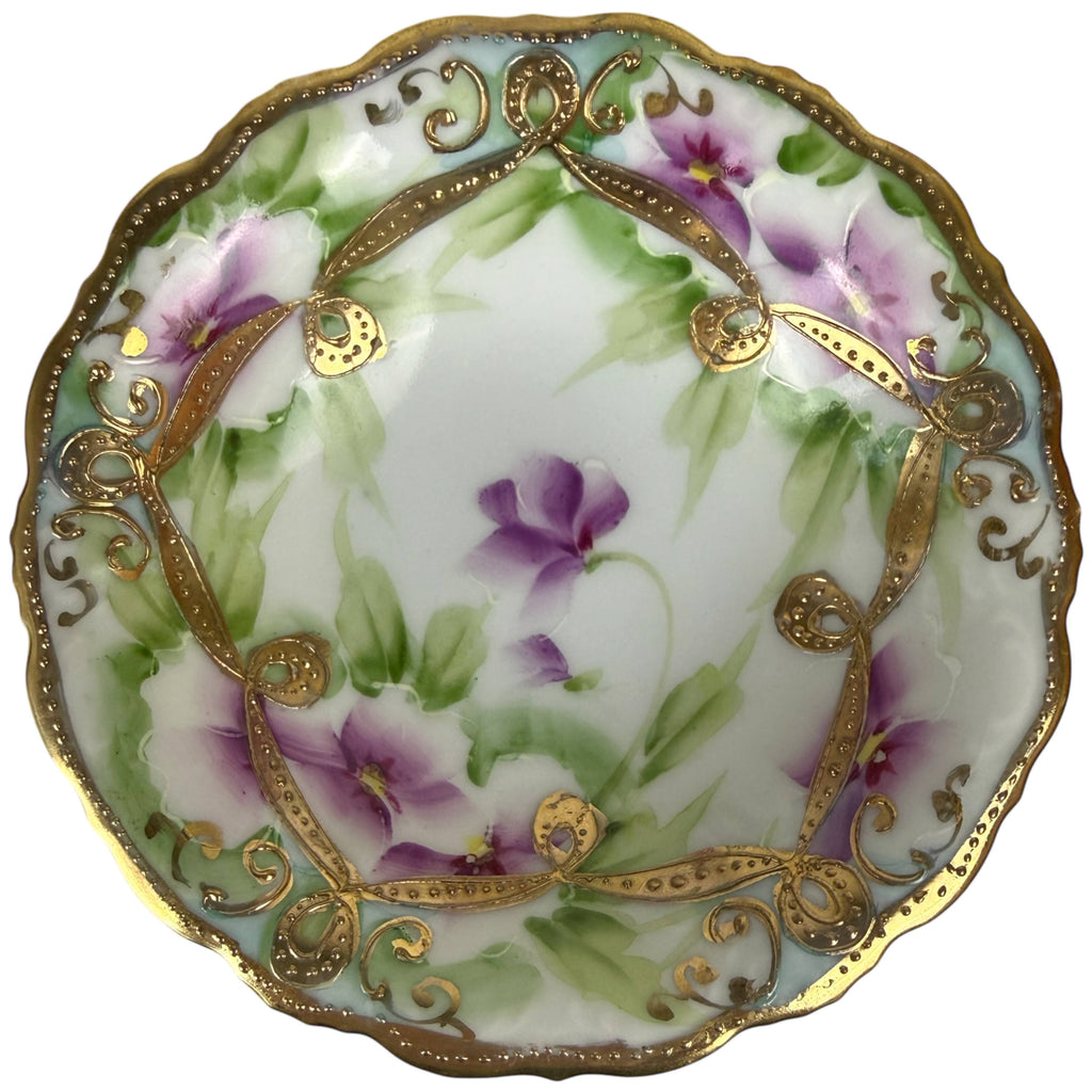 Antique Nippon Hand Painted Bowls Maple Leaf Mark Violets & Raised Gold – Pair