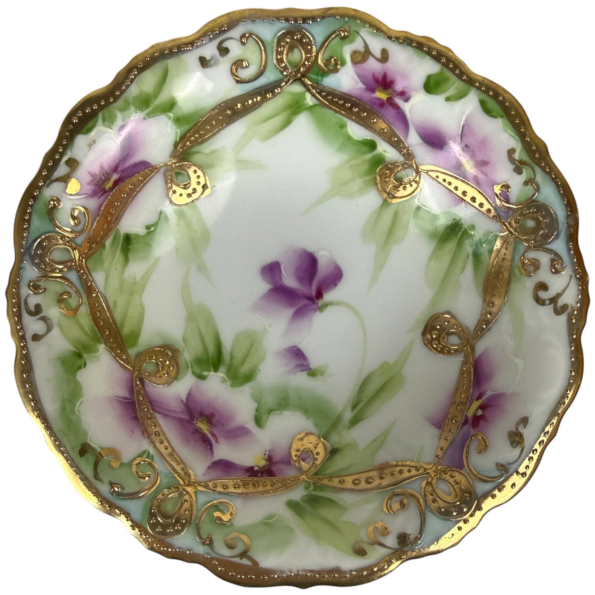 Antique Nippon Hand Painted Bowls Maple Leaf Mark Violets & Raised Gold – Pair
