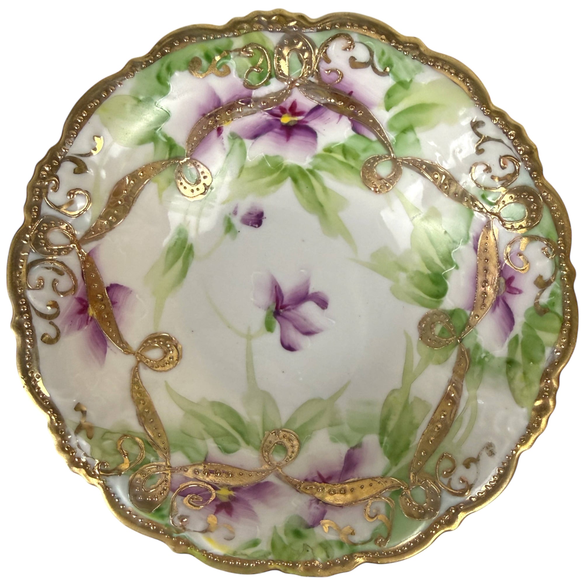 Antique Nippon Hand Painted Bowls Maple Leaf Mark Violets & Raised Gold – Pair