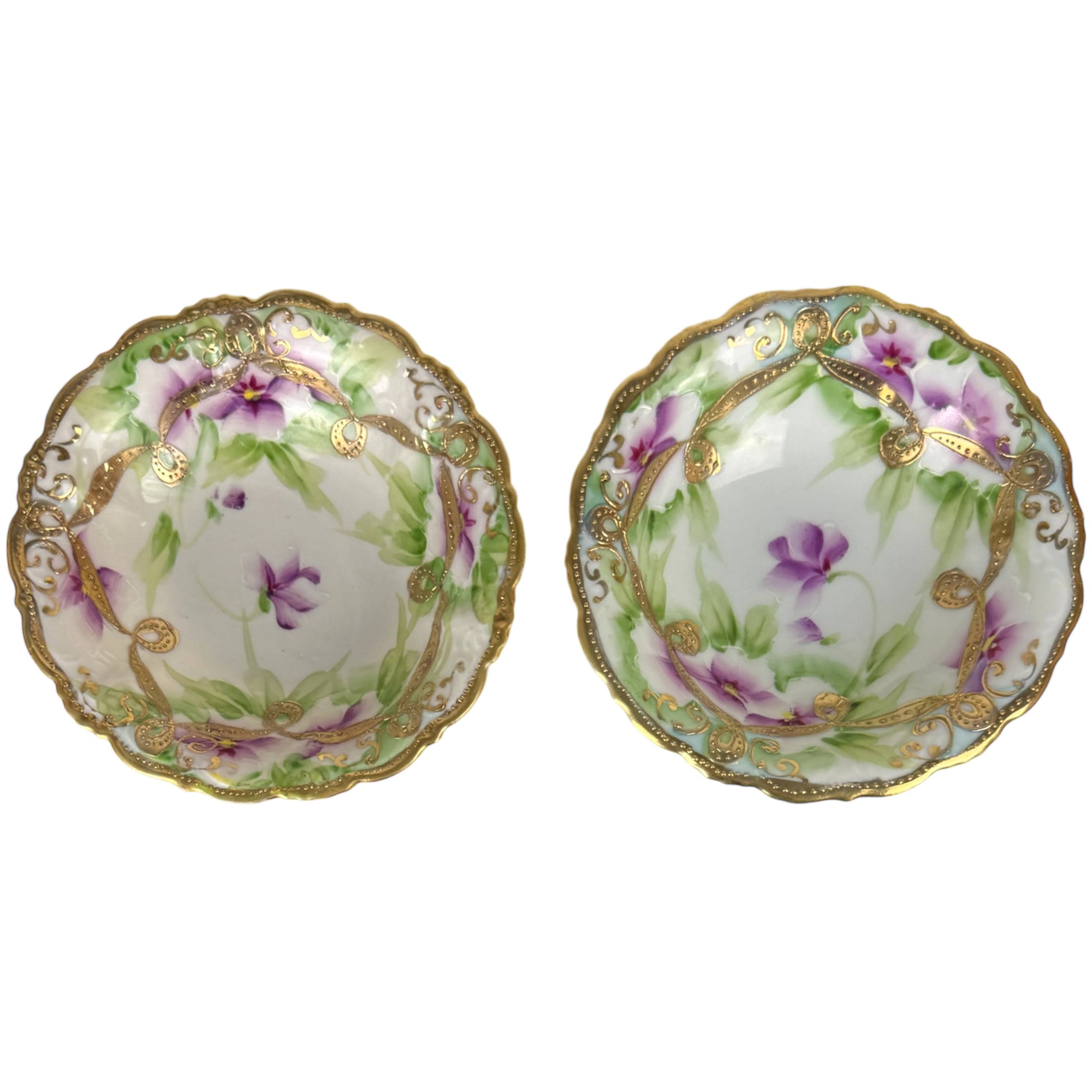 Antique Nippon Hand Painted Bowls Maple Leaf Mark Violets & Raised Gold – Pair