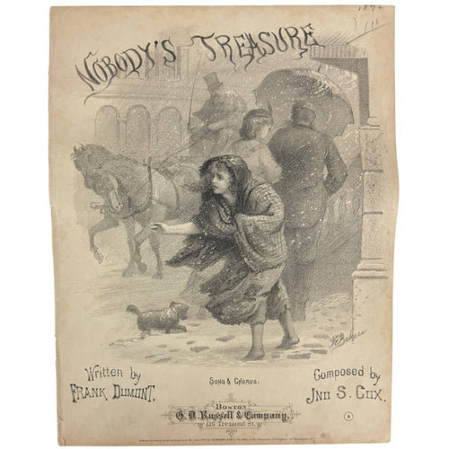 1872 Nobody's Treasure Victorian sheet music with signed J.E. Baker illustrated cover
