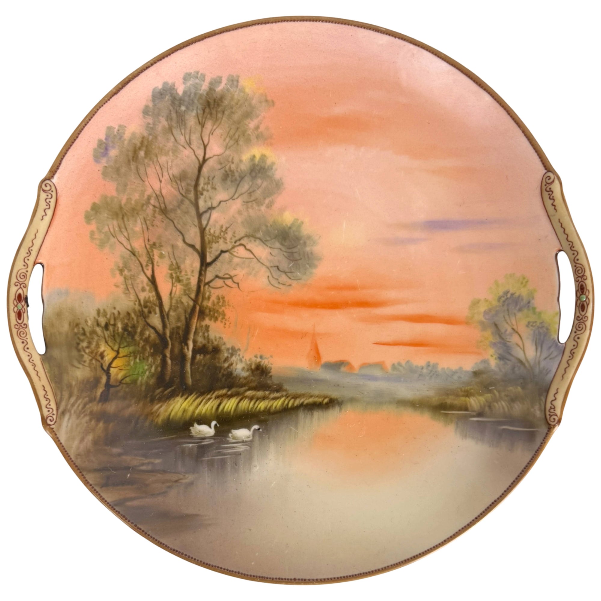 Antique 1918 Noritake hand painted swan landscape plate
