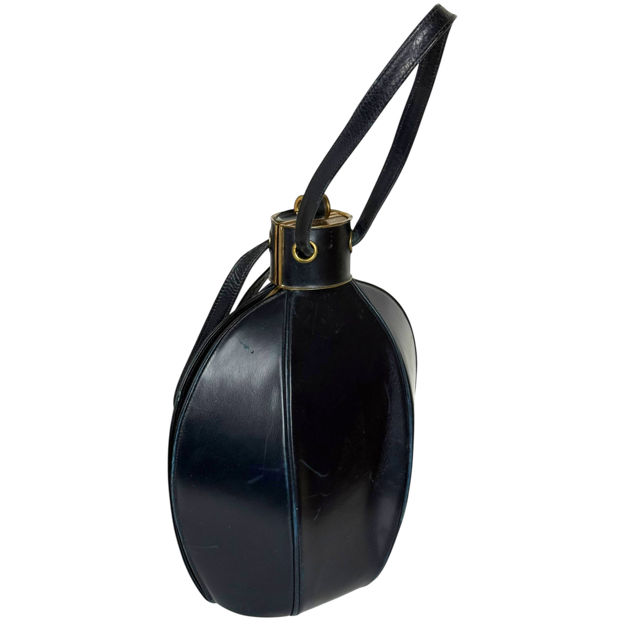 Vintage 1940s Handbag Lantern Shaped Navy Leather Normandie Montreal