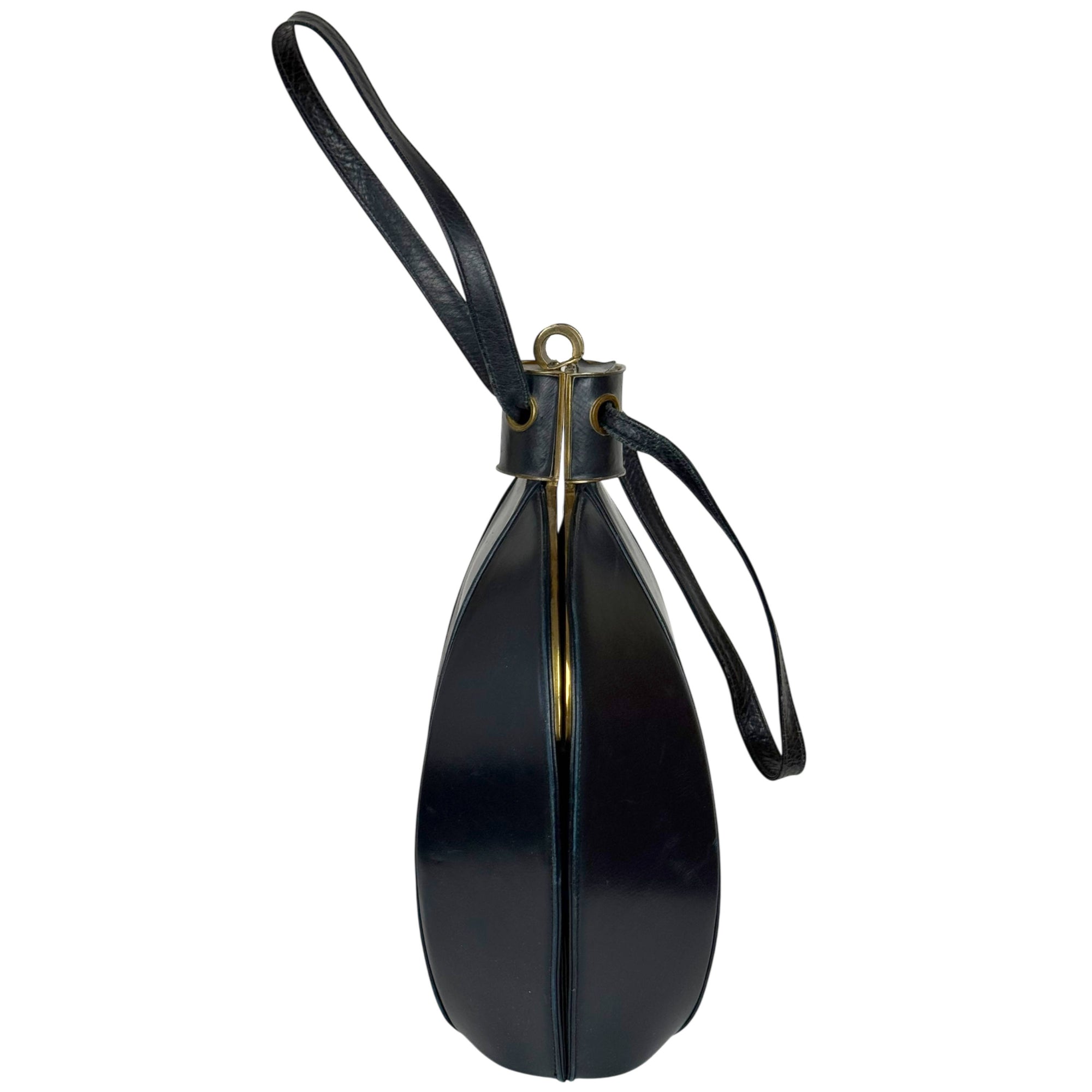 Vintage 1940s Handbag Lantern Shaped Navy Leather Normandie Montreal