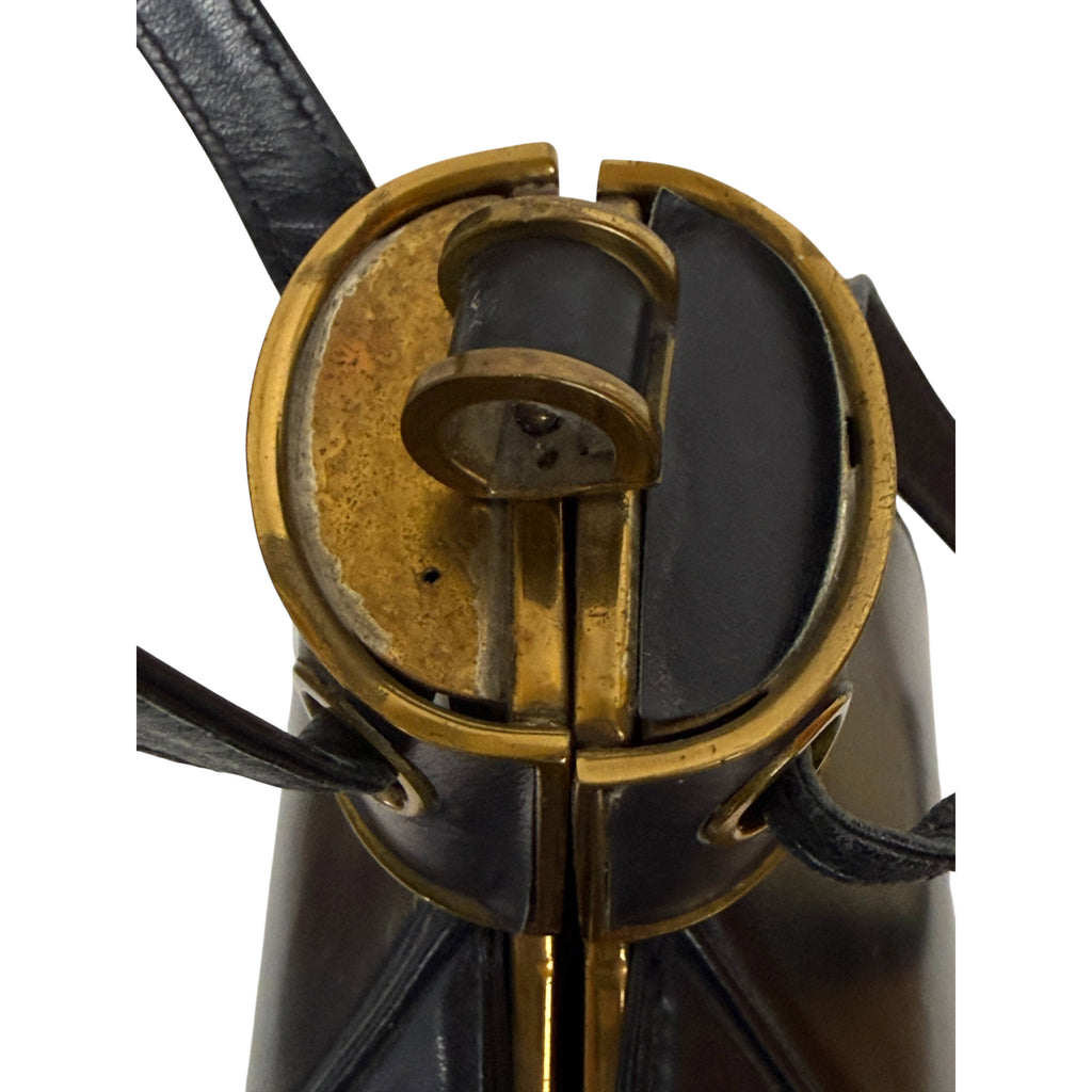 Sac à main vintage des années 1940 en forme de lanterne en cuir marine Normandie Montréal