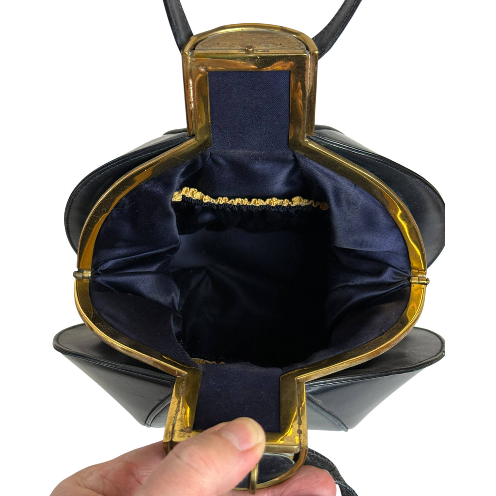 Vintage 1940s Handbag Lantern Shaped Navy Leather Normandie Montreal