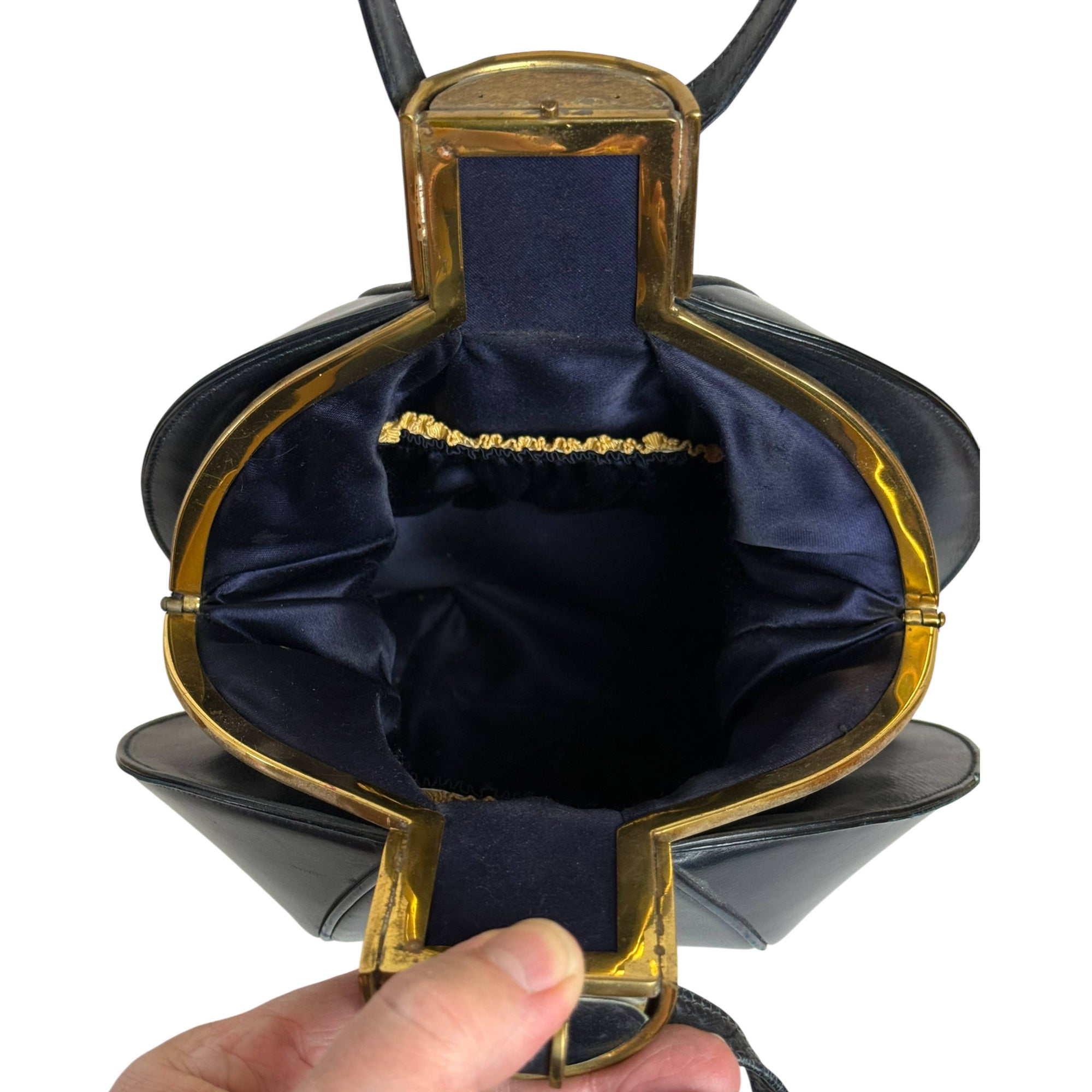 Vintage 1940s Handbag Lantern Shaped Navy Leather Normandie Montreal