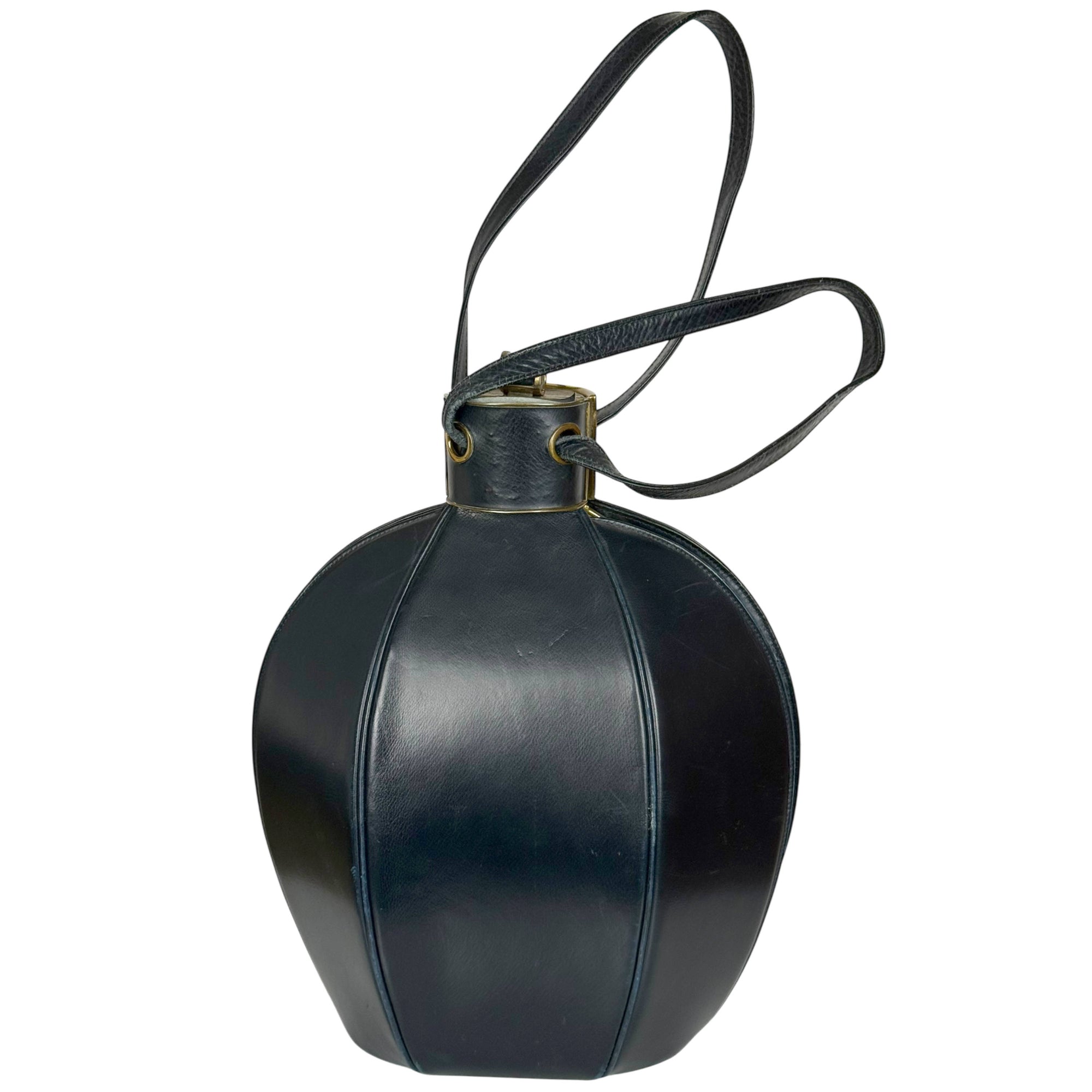 Vintage 1940s Handbag Lantern Shaped Navy Leather Normandie Montreal