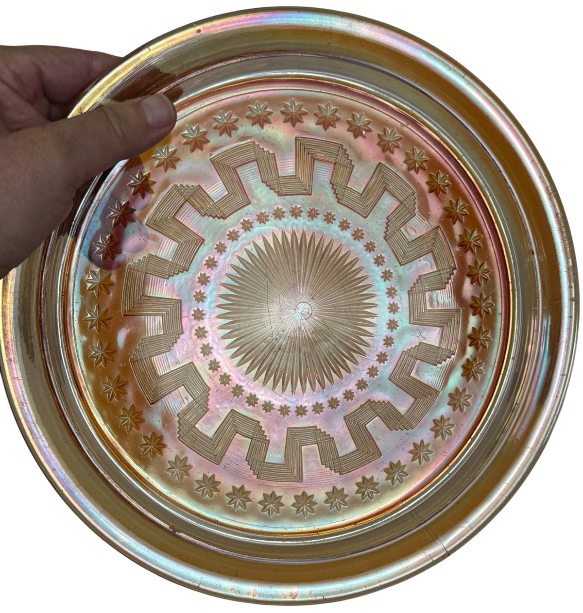 Northwood Holiday tray showing pink gold green and blue iridescence