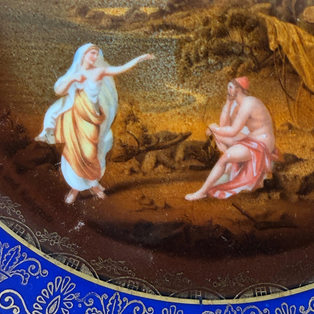 Detailed mythological scene of Odysseus and Calypso on antique porcelain plate