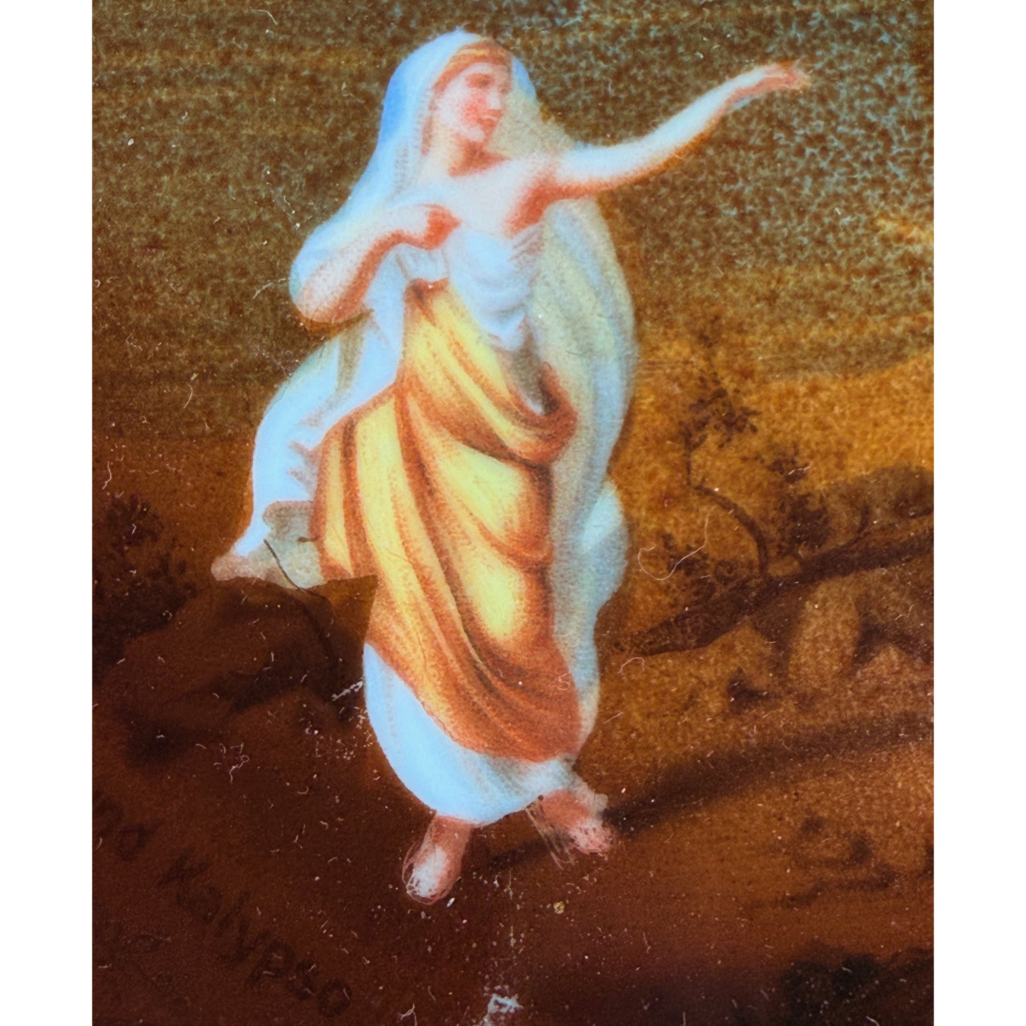 close up of Calypso on antique porcelain plate