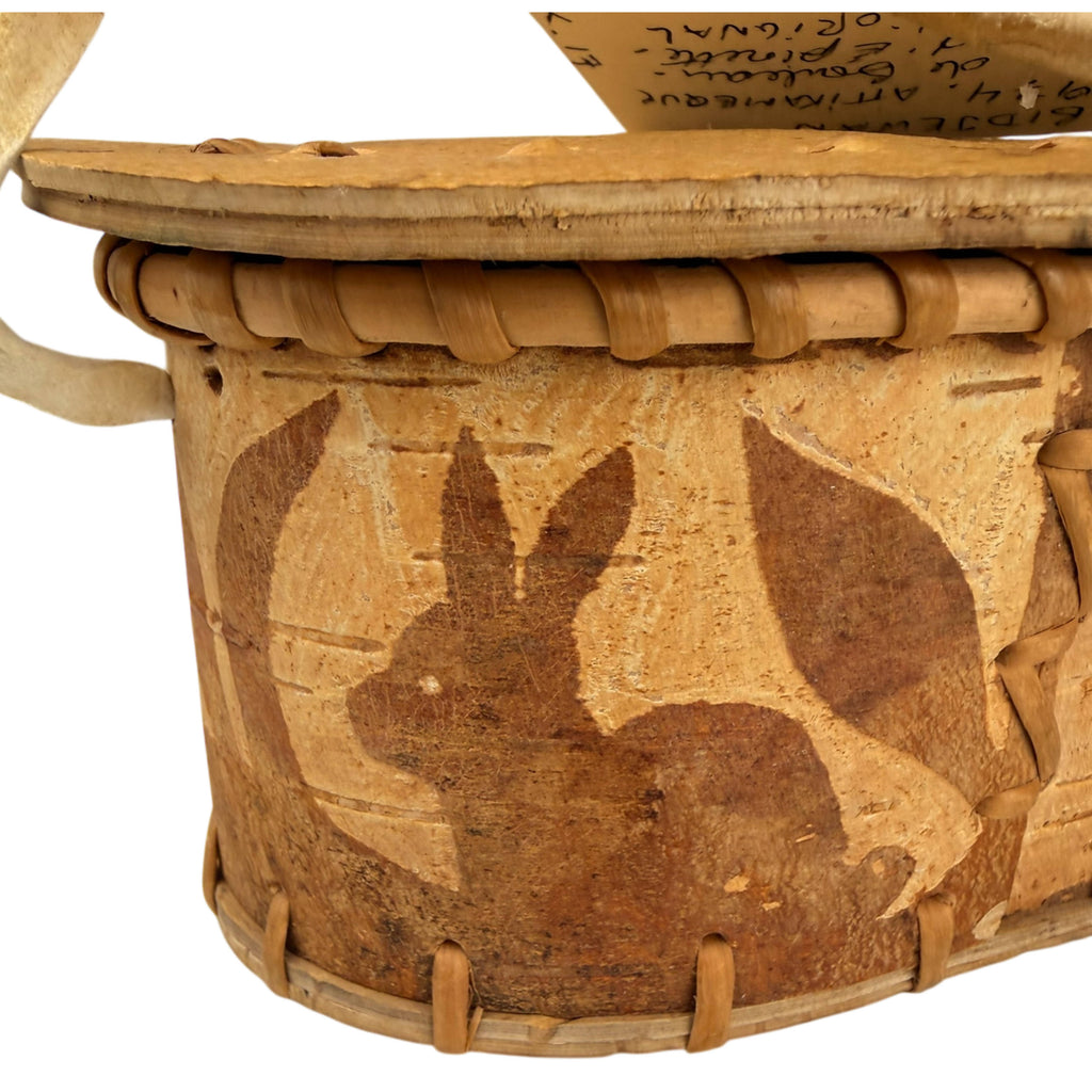 Ojibwe Birchbark Covered Box with Rabbit Motif, Attikamekw / Anishinaabe