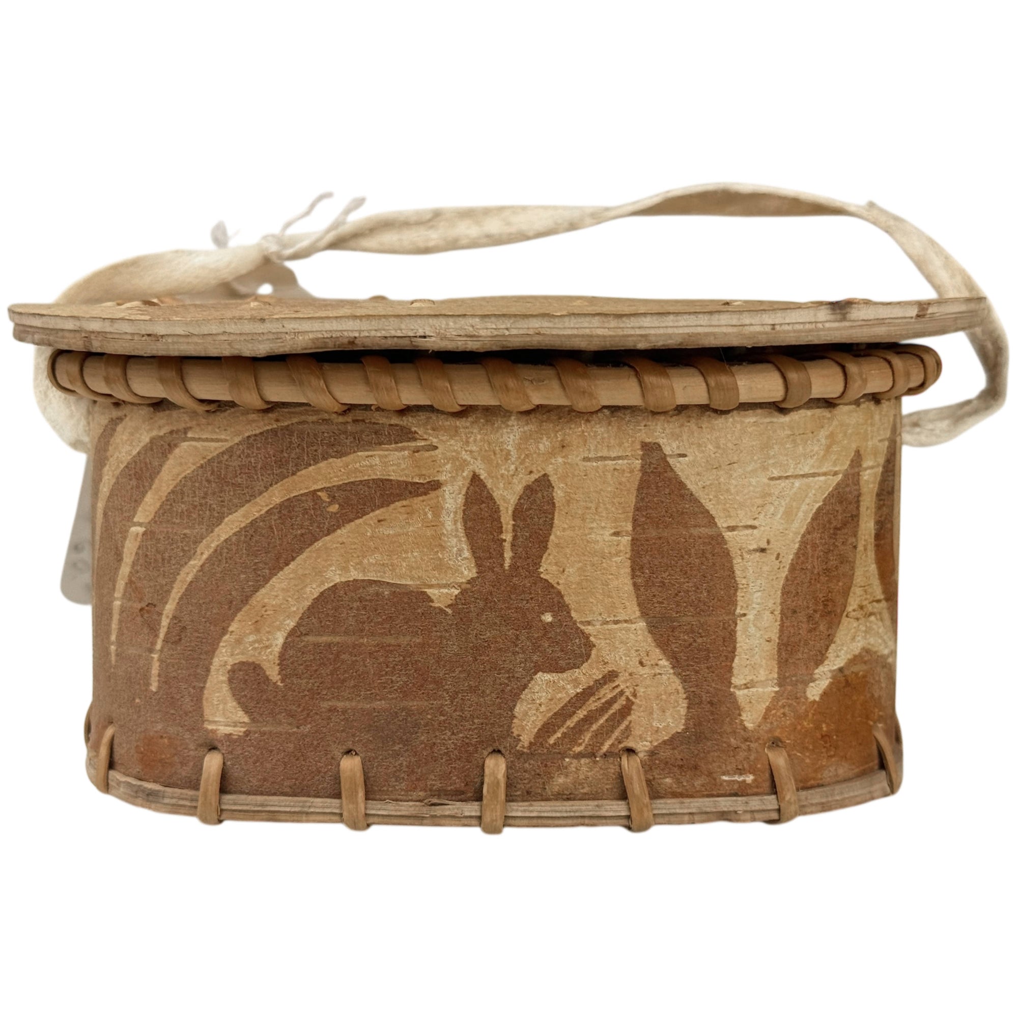 Ojibwe Birchbark Covered Box with Rabbit Motif, Attikamekw / Anishinaabe