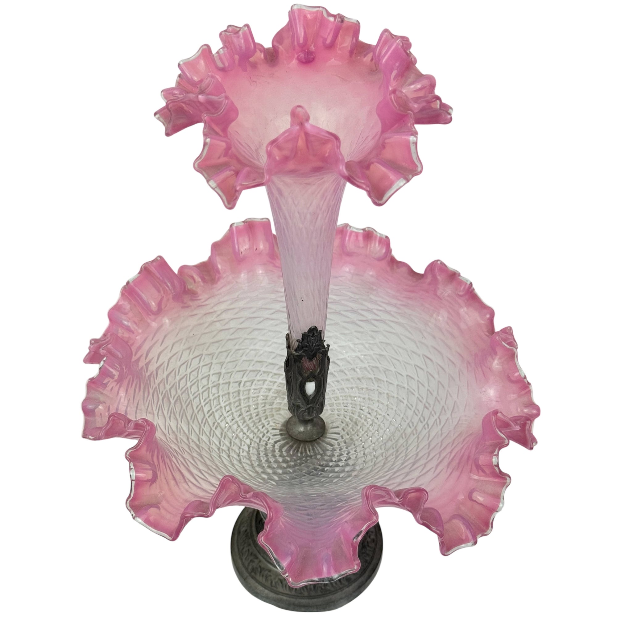 Antique Glass Epergne Pink Opalescent w Ruffled Edge