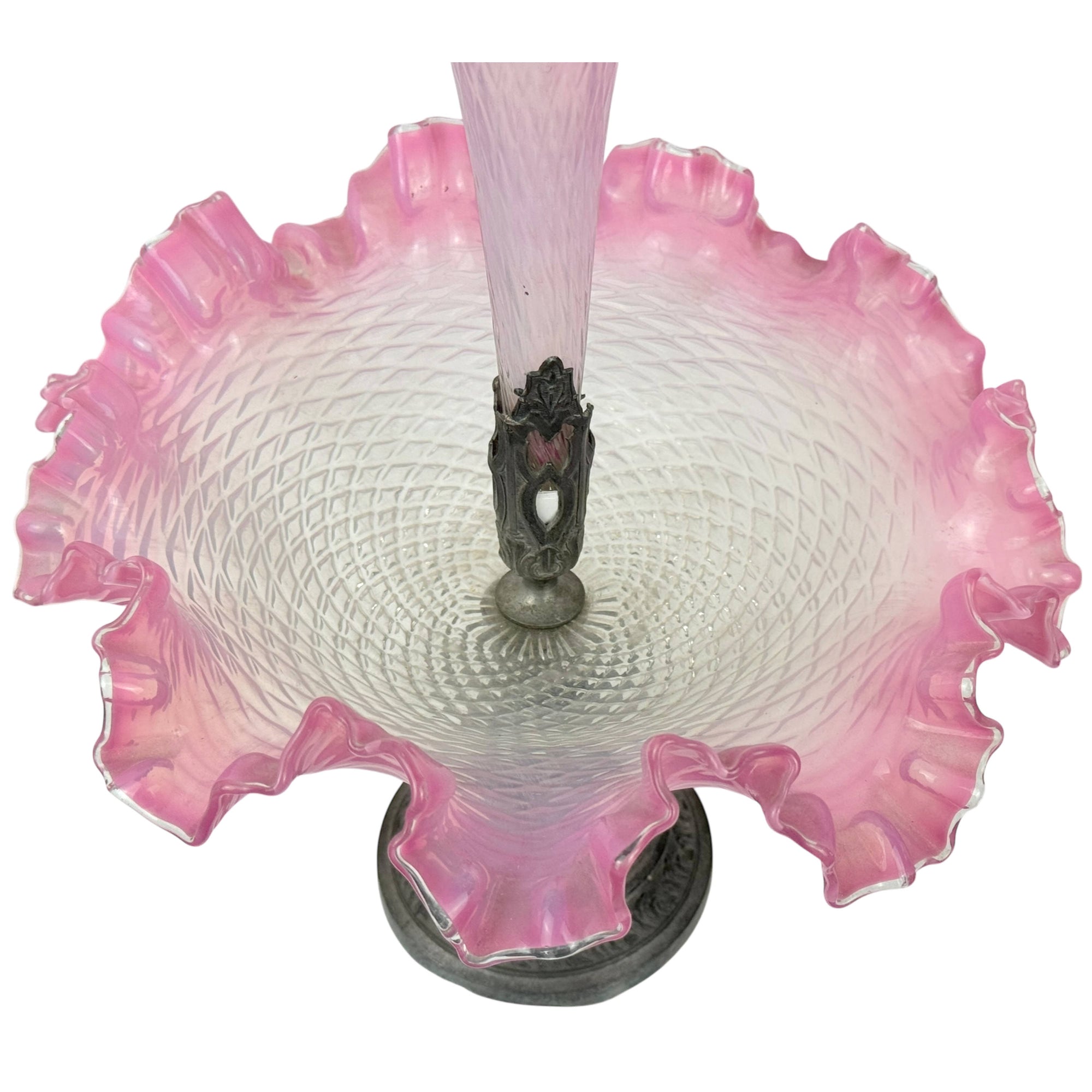 Antique Glass Epergne Pink Opalescent w Ruffled Edge