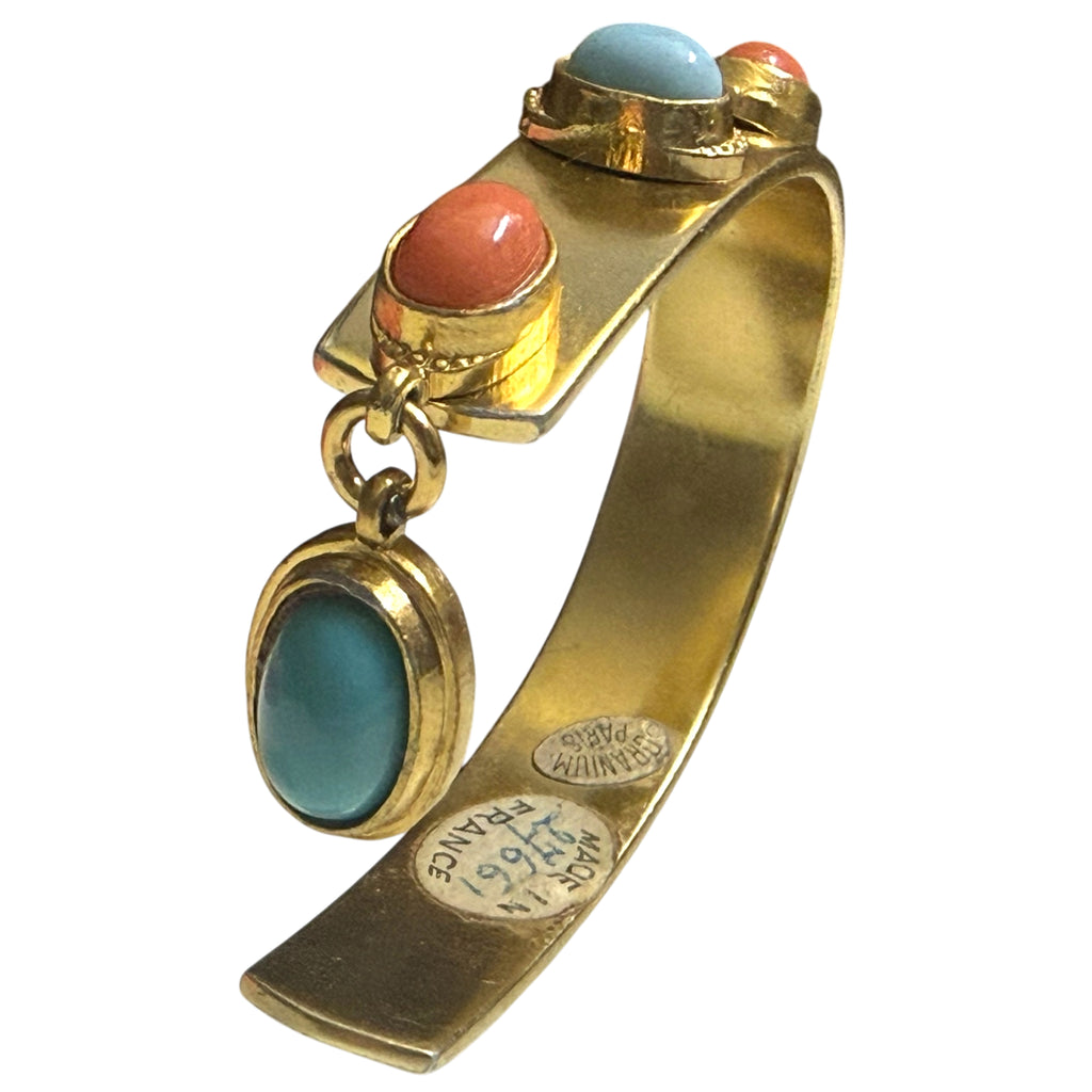 Vintage Oranium Paris Cuff Bracelet Gold Tone Bangle with Red & Blue Cabochons Made in France
