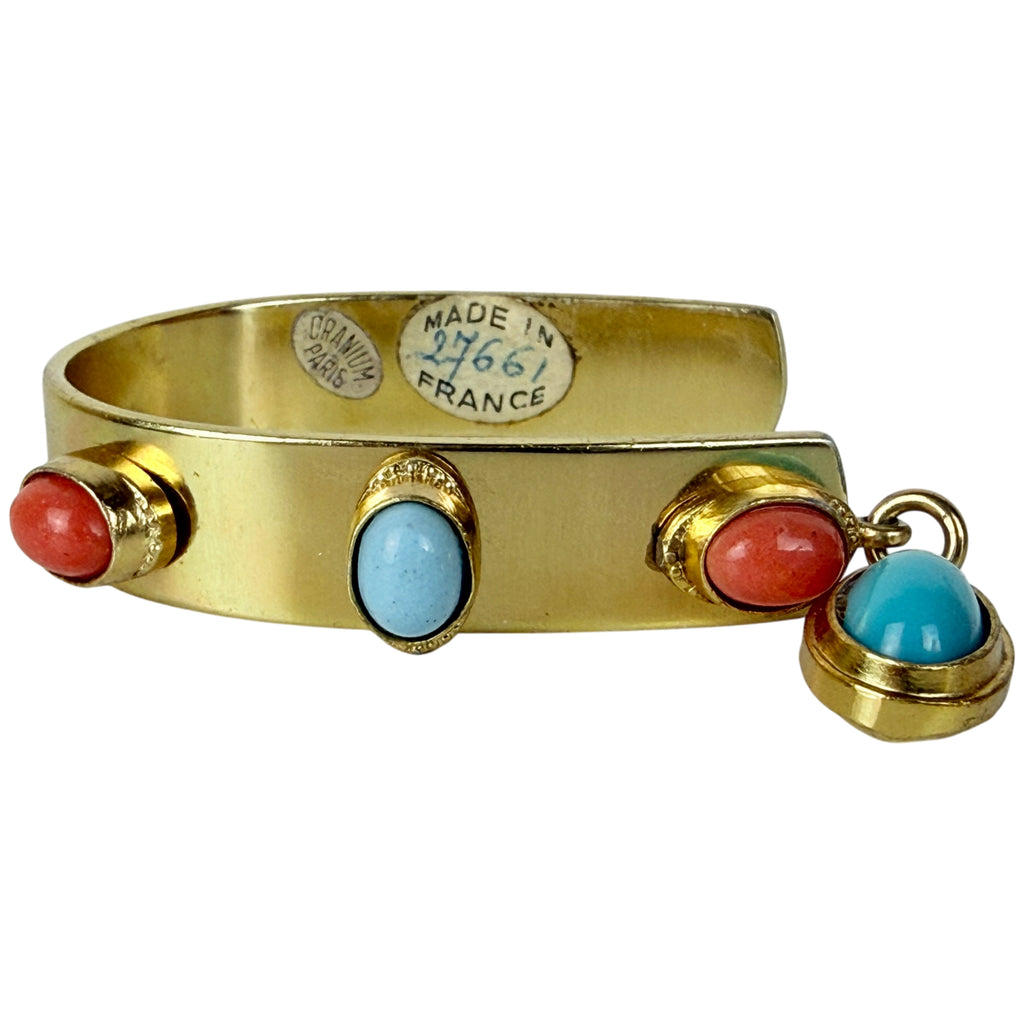 Vintage Oranium Paris Cuff Bracelet Gold Tone Bangle with Red & Blue Cabochons Made in France