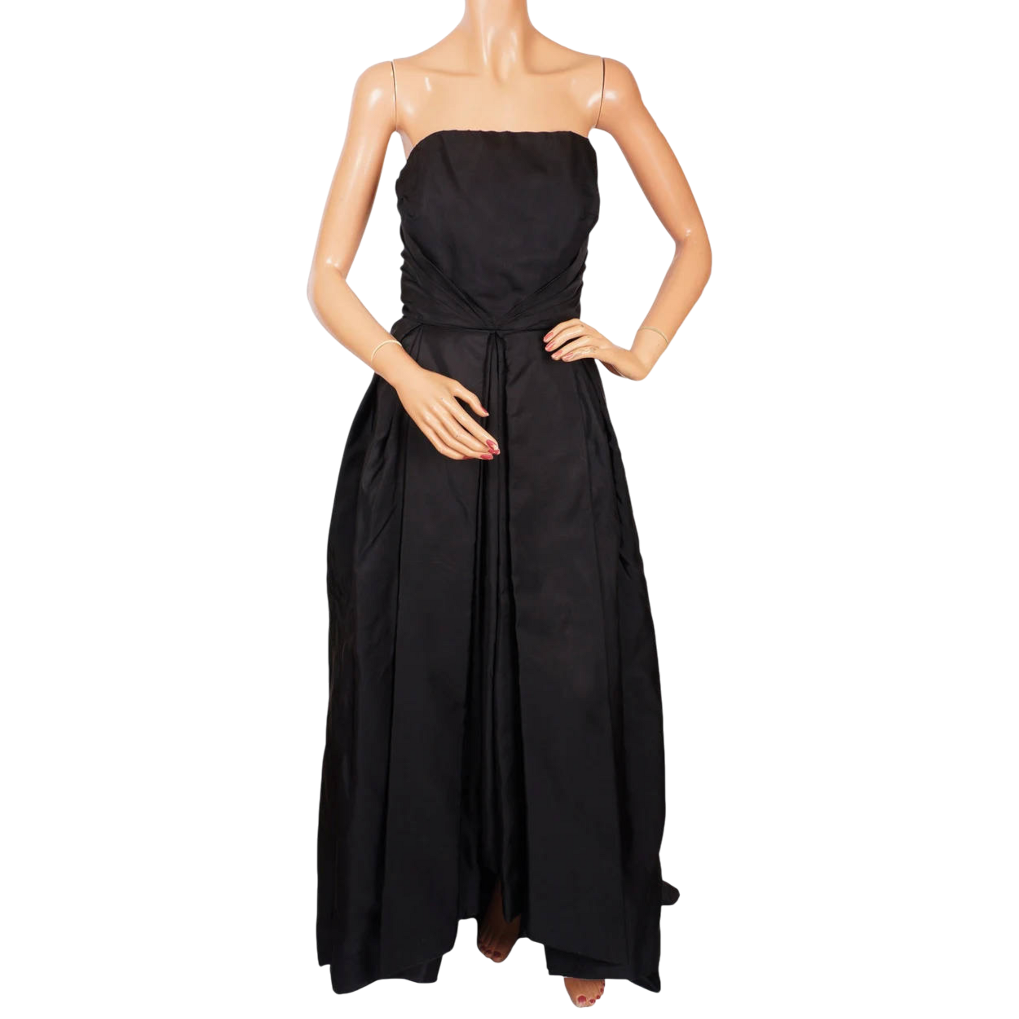Vintage 1960s Evening Gown Haute Couture Strapless Dress in Black Silk by Frank Oujezdsky Montreal