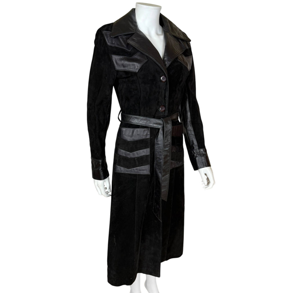 1970s Vintage Suede Leather Coat Chevron Trim Size Small