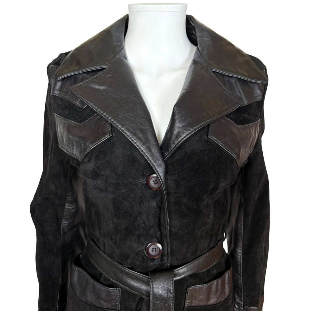 1970s Vintage Suede Leather Coat Chevron Trim Size Small