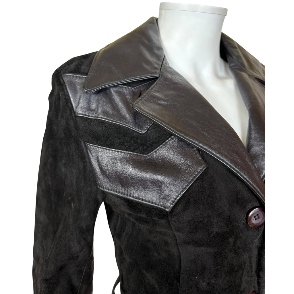 1970s Vintage Suede Leather Coat Chevron Trim Size Small