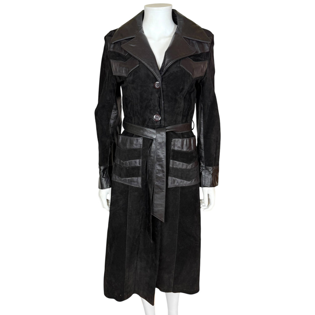 1970s Vintage Suede Leather Coat Chevron Trim Size Small
