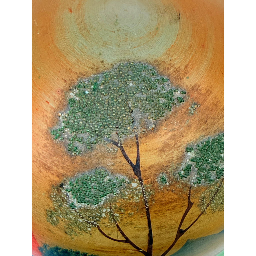 Detail of Coralene raised enamel trees on vintage lamp globe