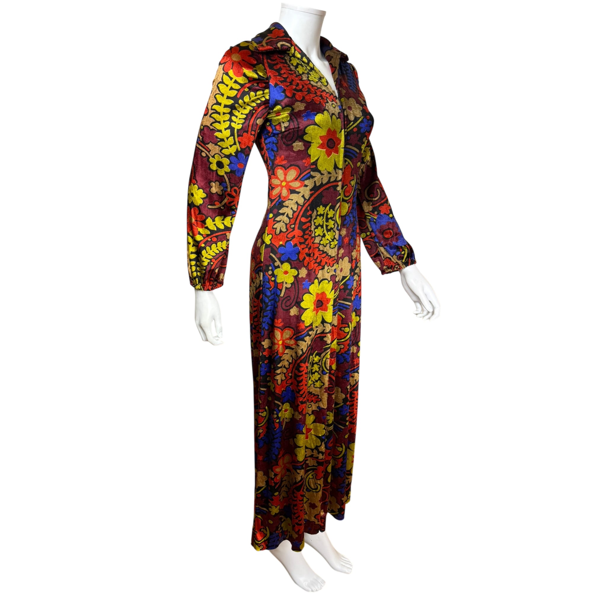 right side view of 1970s panne velvet jumpsuit 