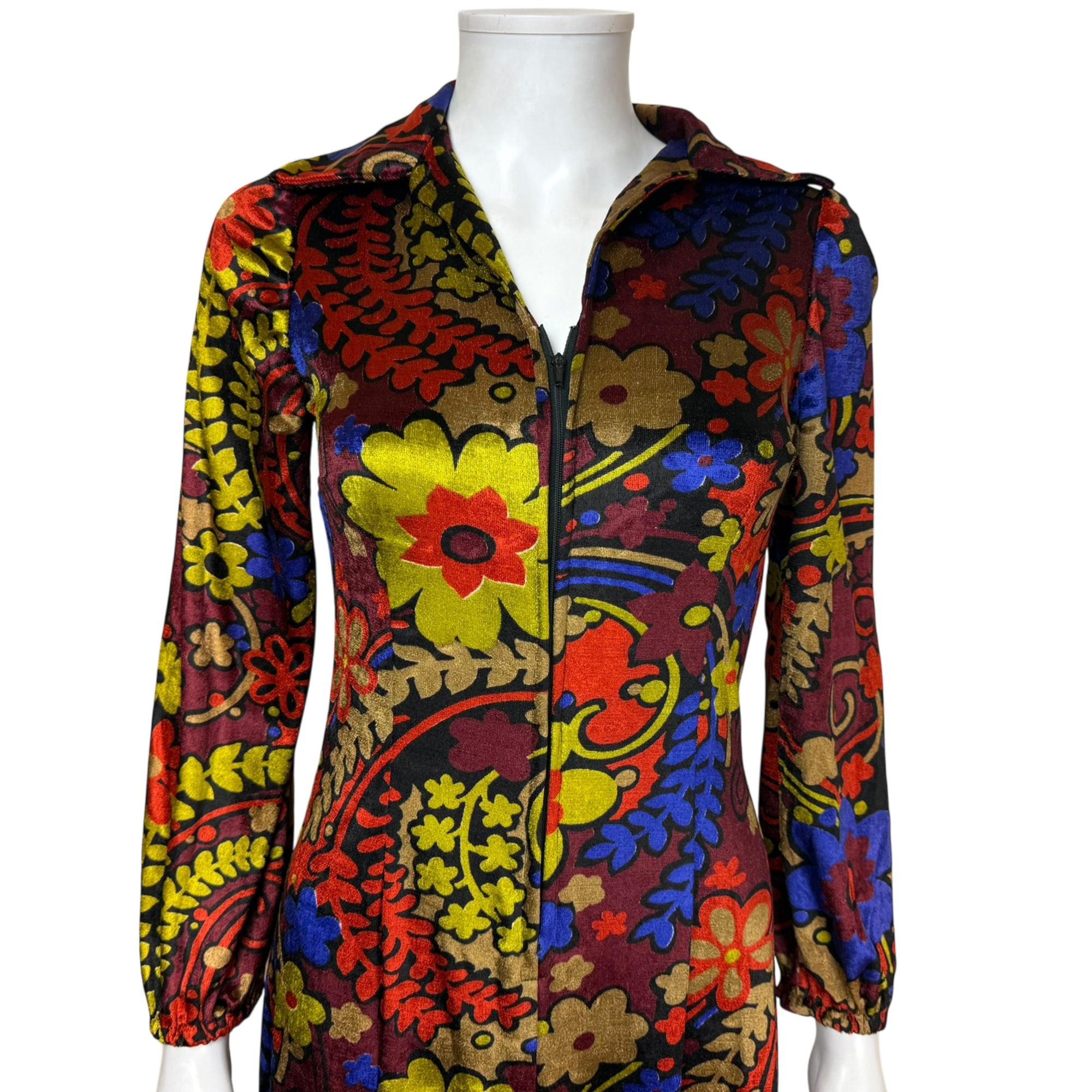 floral velvet jumpsuit fabric detail and zipper front