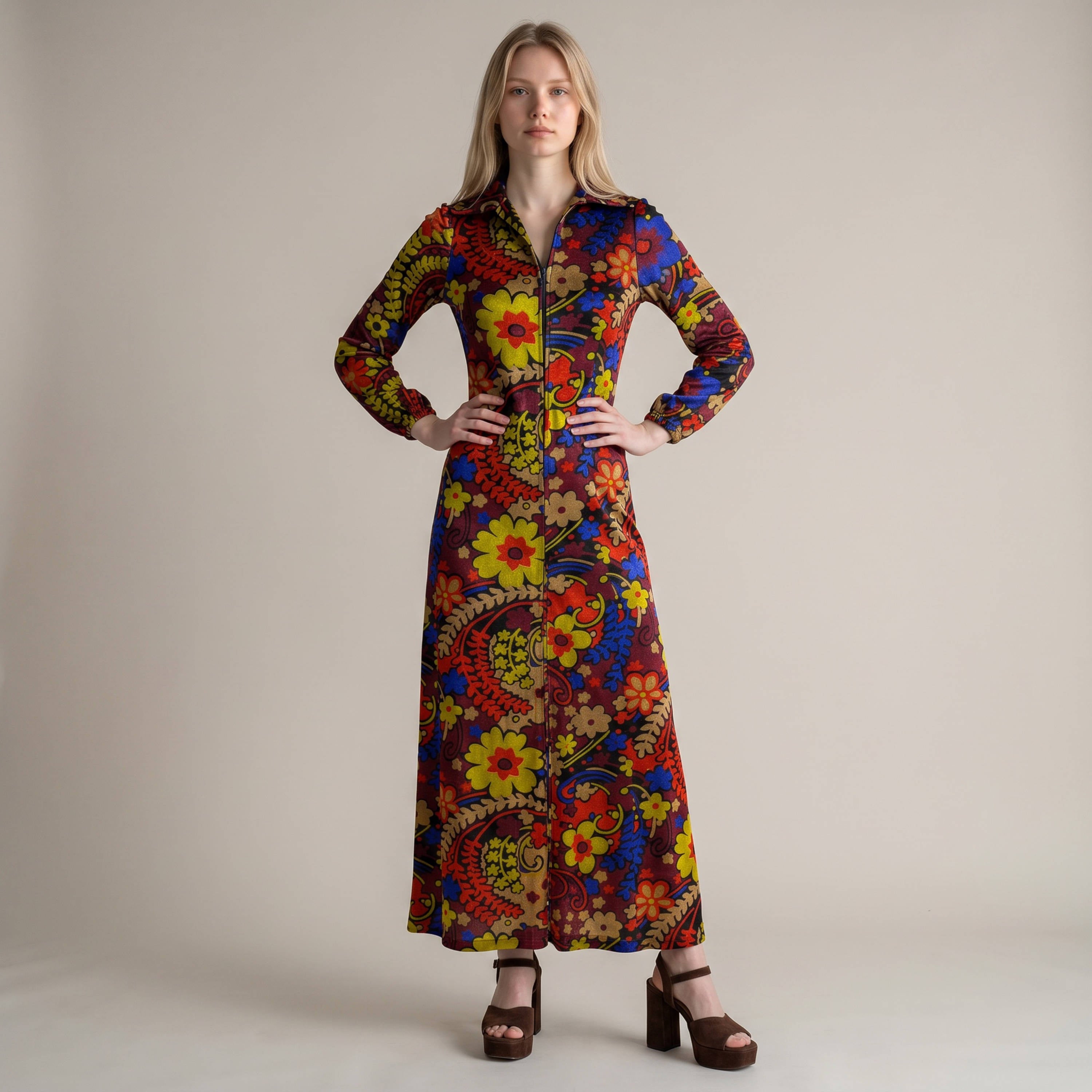 Vintage 1970s Floral Panne Velvet Palazzo Pant Jumpsuit