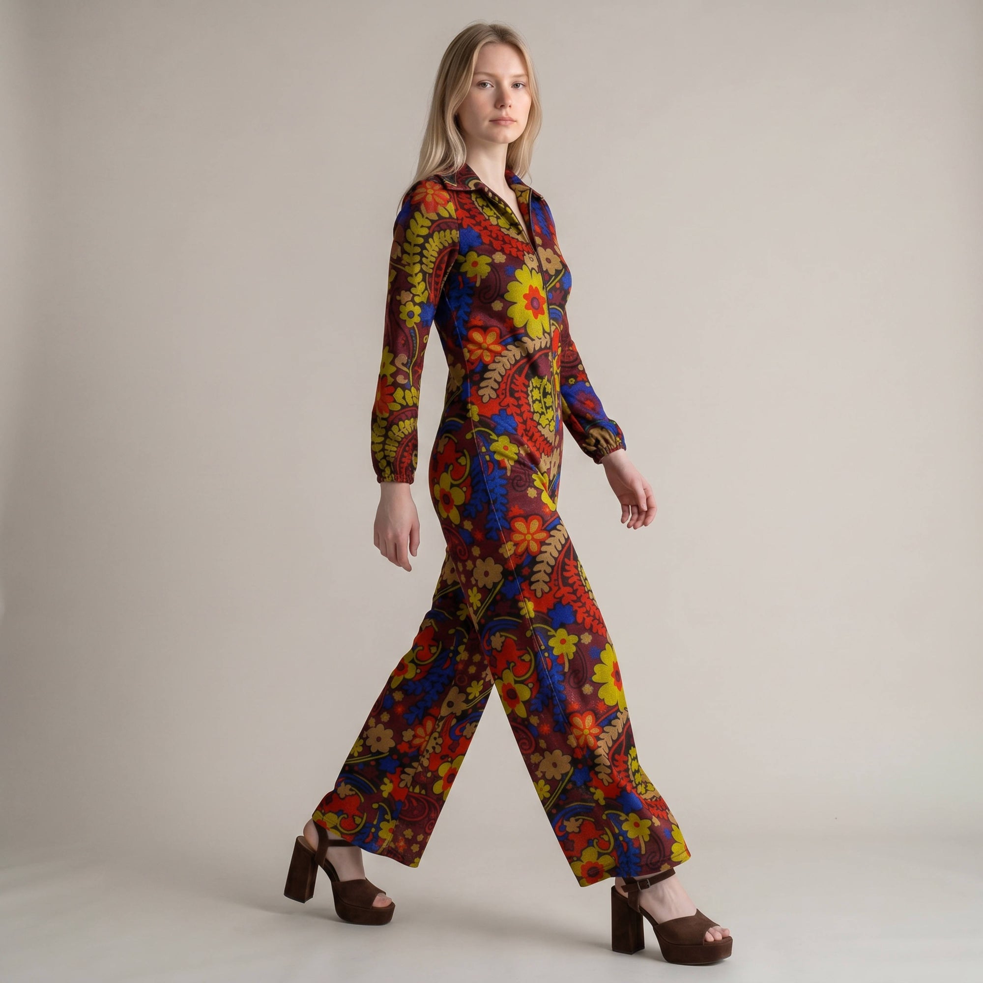 Vintage 1970s Floral Panne Velvet Palazzo Pant Jumpsuit – Psychedelic Print, Handmade, Fitted Silhouette