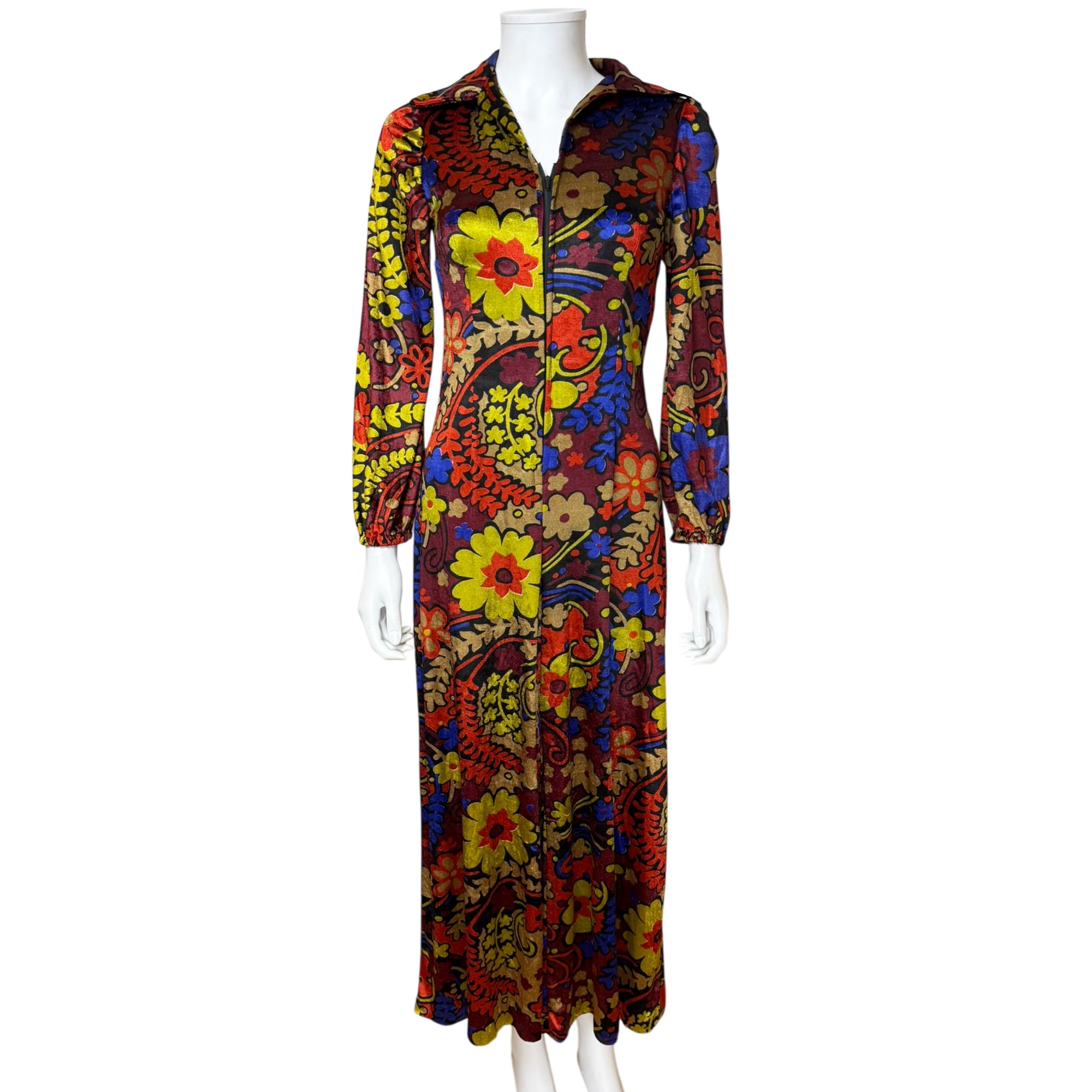 vintage 1970s floral panne velvet jumpsuit front view