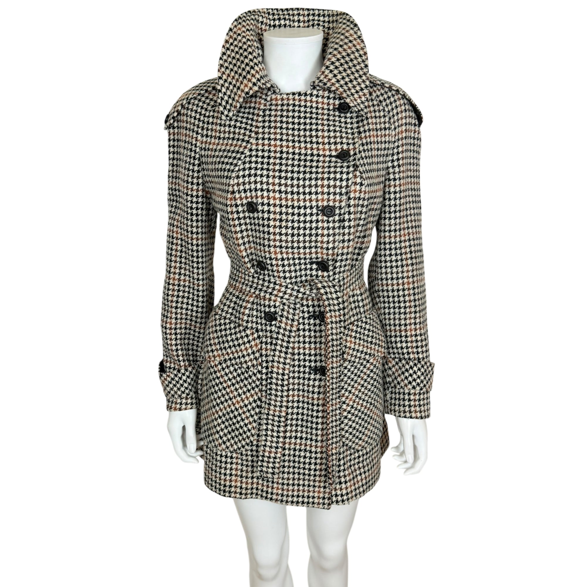 Vintage 1960s Houndstooth Trench Style Jacket Coat Size M