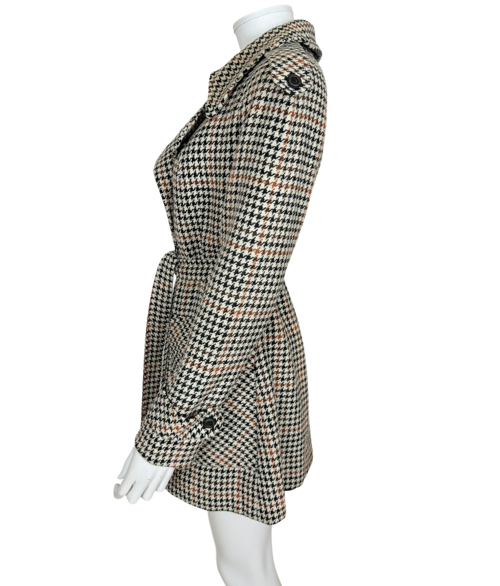 Vintage 1960s Houndstooth Trench Style Jacket Coat Size M