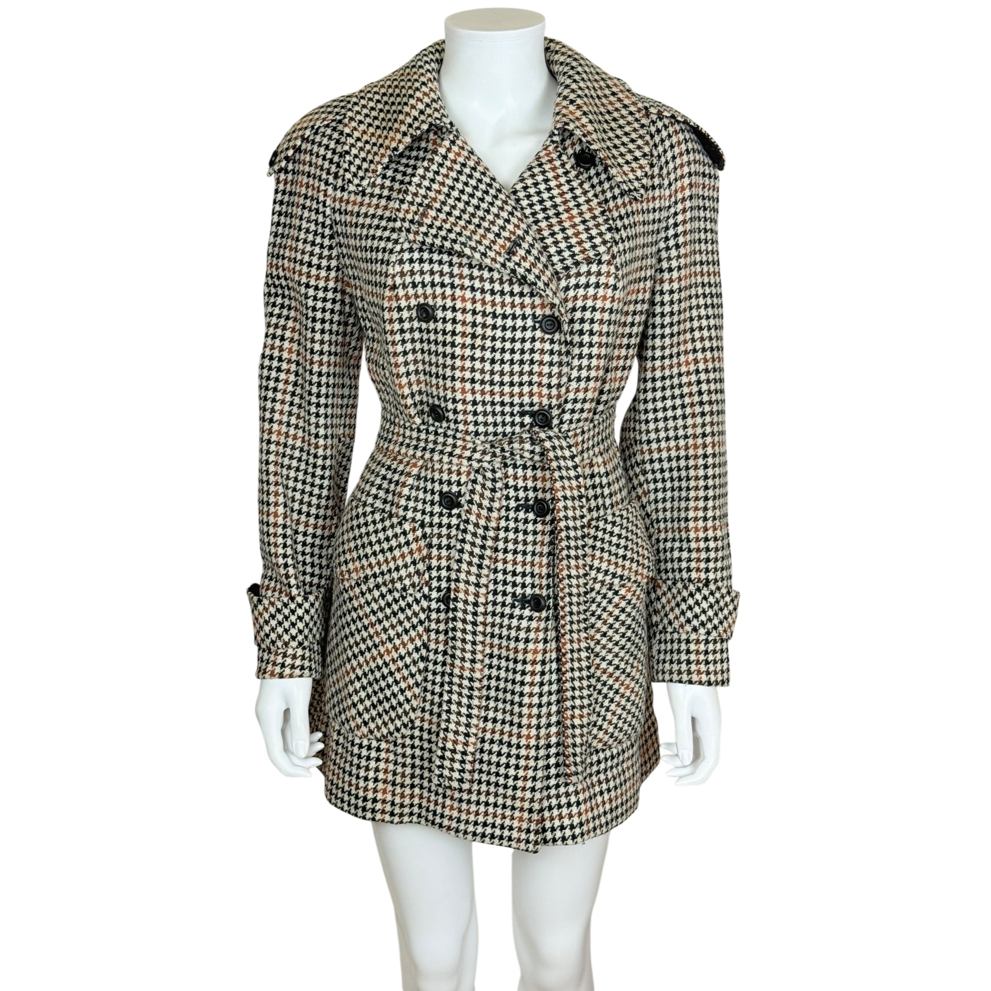 Vintage 1960s Houndstooth Trench Style Jacket Coat Size M
