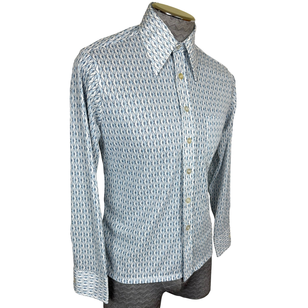 Vintage 1970s Polyester Shirt Blue Geo Print Pointy Collar M