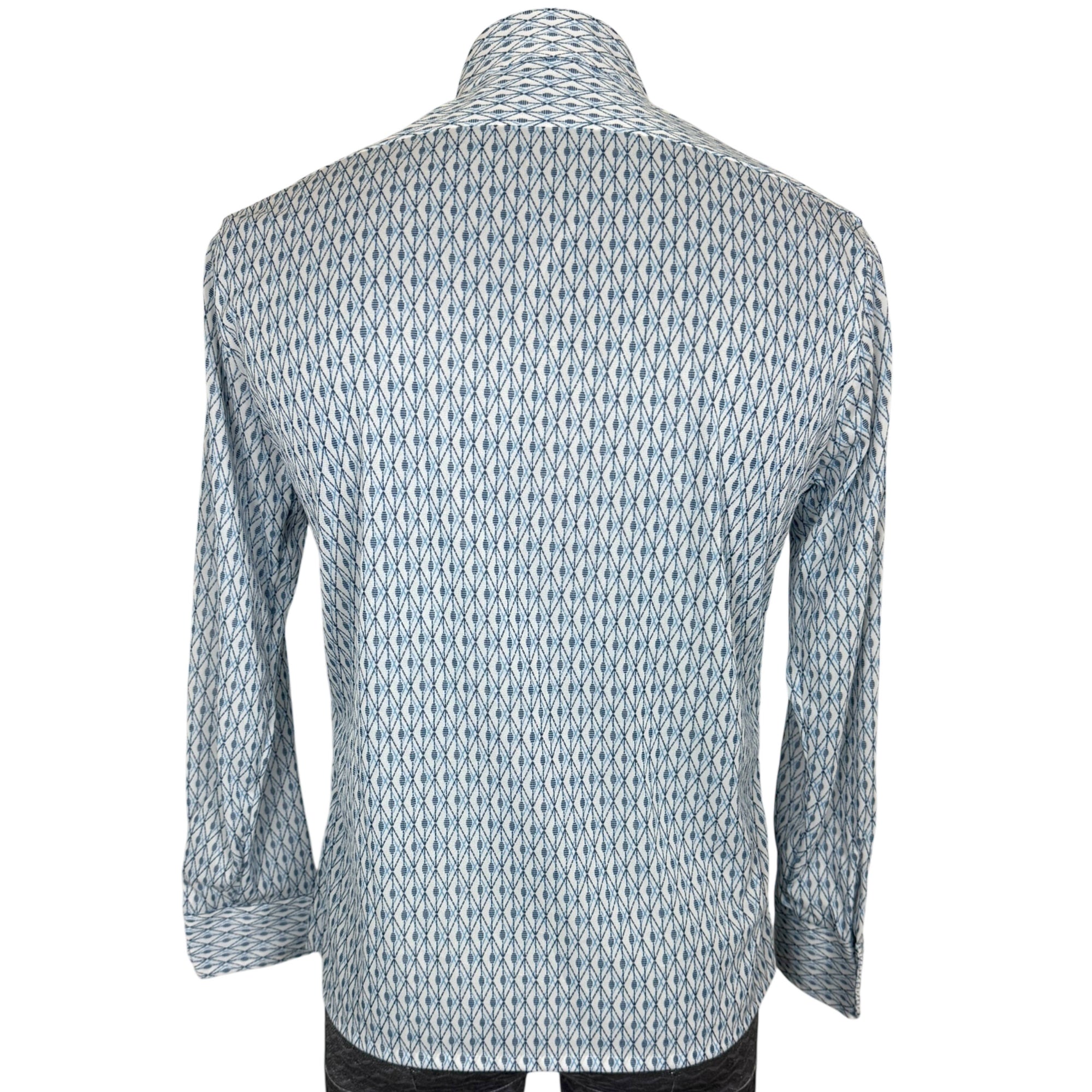 Vintage 1970s Polyester Shirt Blue Geo Print Pointy Collar M