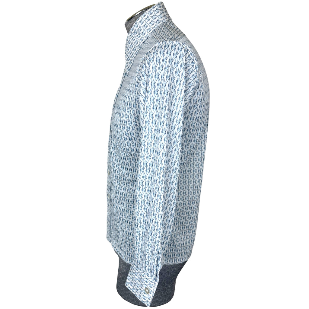 Vintage 1970s Polyester Shirt Blue Geo Print Pointy Collar M