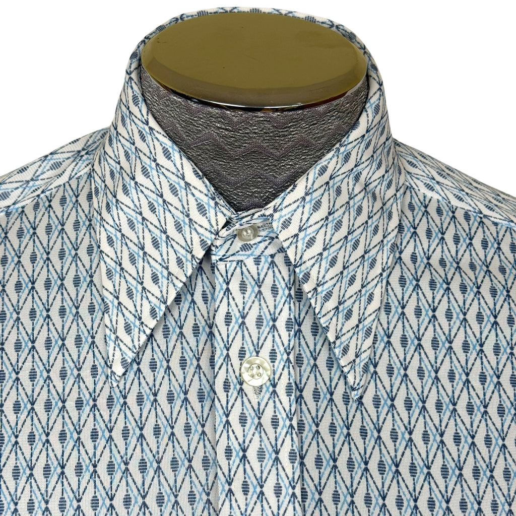 Vintage 1970s Polyester Shirt Blue Geo Print Pointy Collar M