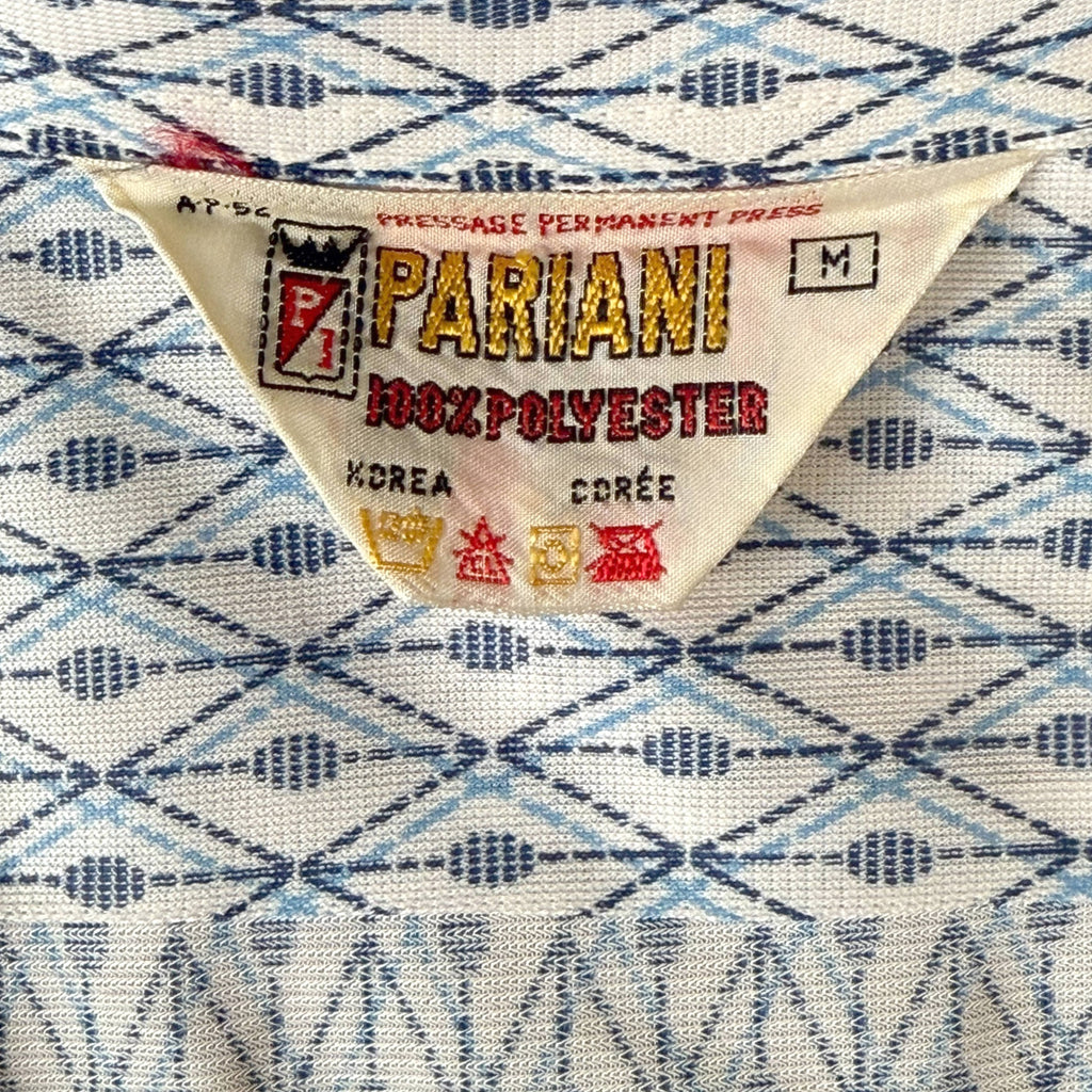 Vintage 1970s Polyester Shirt Blue Geo Print Pointy Collar M