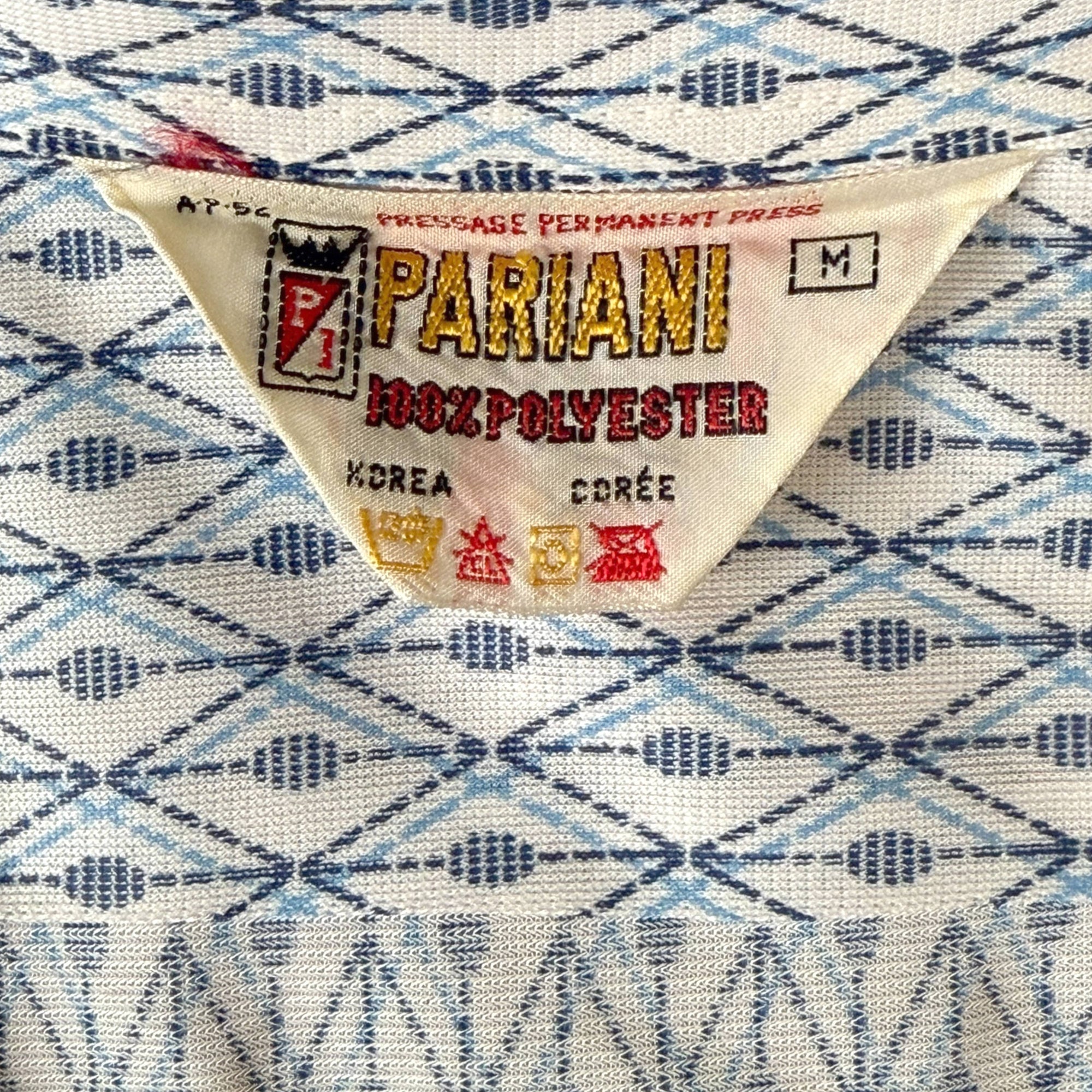 Vintage 1970s Polyester Shirt Blue Geo Print Pointy Collar M