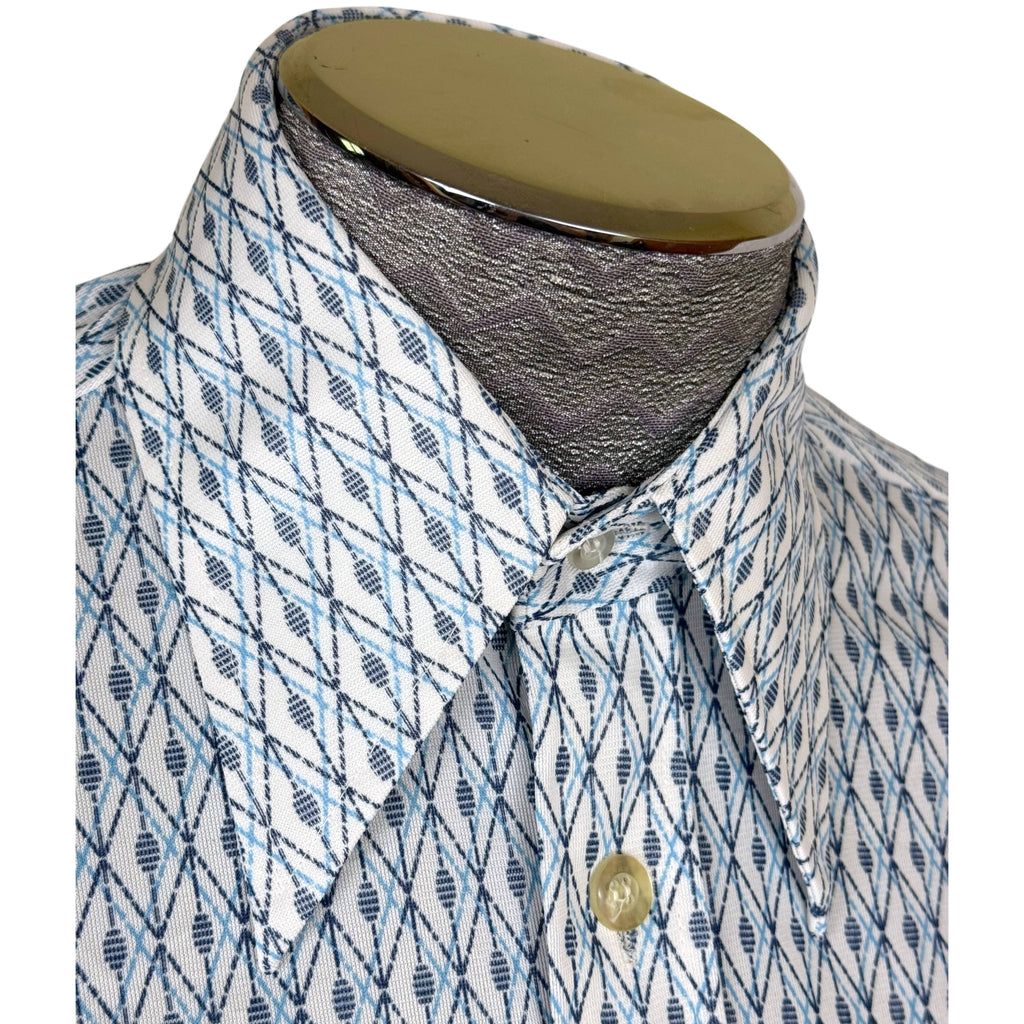 Vintage 1970s Polyester Shirt Blue Geo Print Pointy Collar M